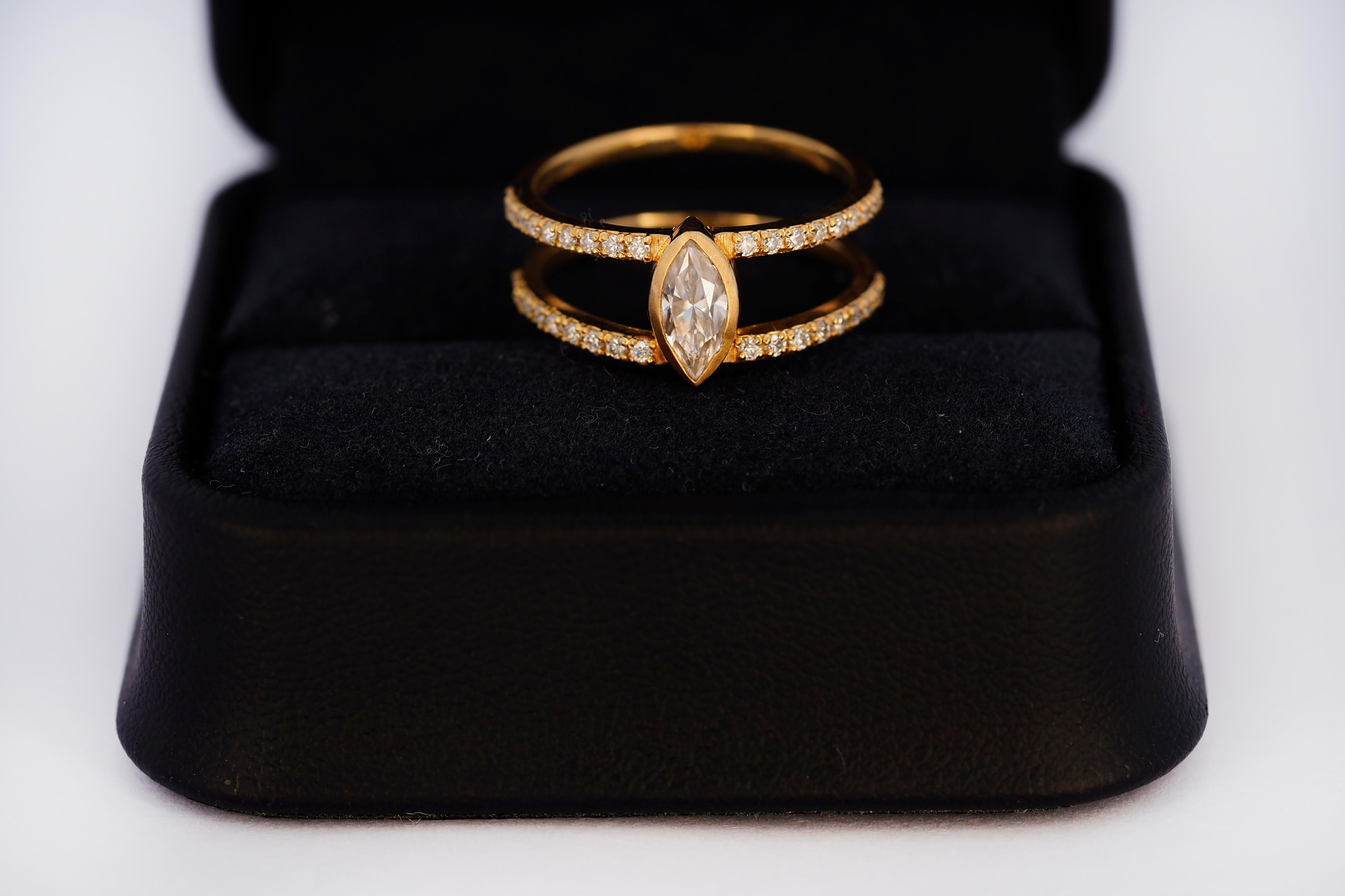 1 ct Marquise moissanite engagement ring in 14k gold. 14K Gold Double Shank Marquise Solitaire Wedding Ring. 14k Gold Moissanite Half Eternity Ring. Stacked Moissanite Ring.  Bezel set moissanite ring. Double Band Engagement Ring.

Metal: 14k