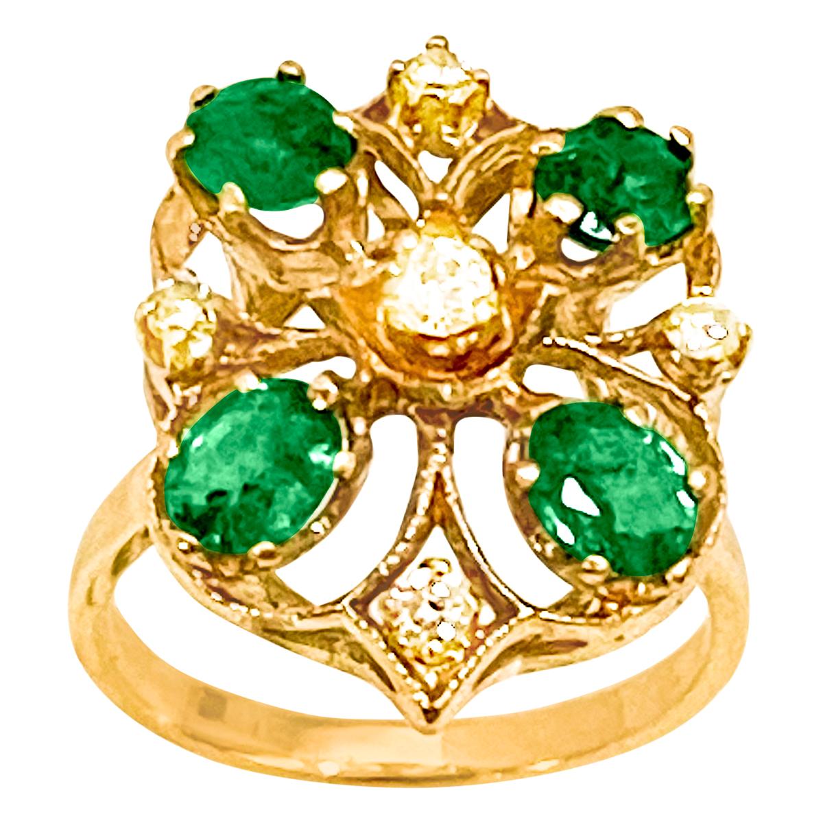 
approximately 1 Ct Natural Brazilian Emerald And Diamond  Ring 14 Karat Yellow  Gold Size 6
Oval Shape  Emerald Ring 
 There are 4 Natural  fine quality Oval shape emerald stones with center   solitaire  diamonds to make a flower
there are 4 other