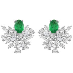 1 ct Natural Oval Emerald and Diamond Swept Wing Earrings, 18K White Gold