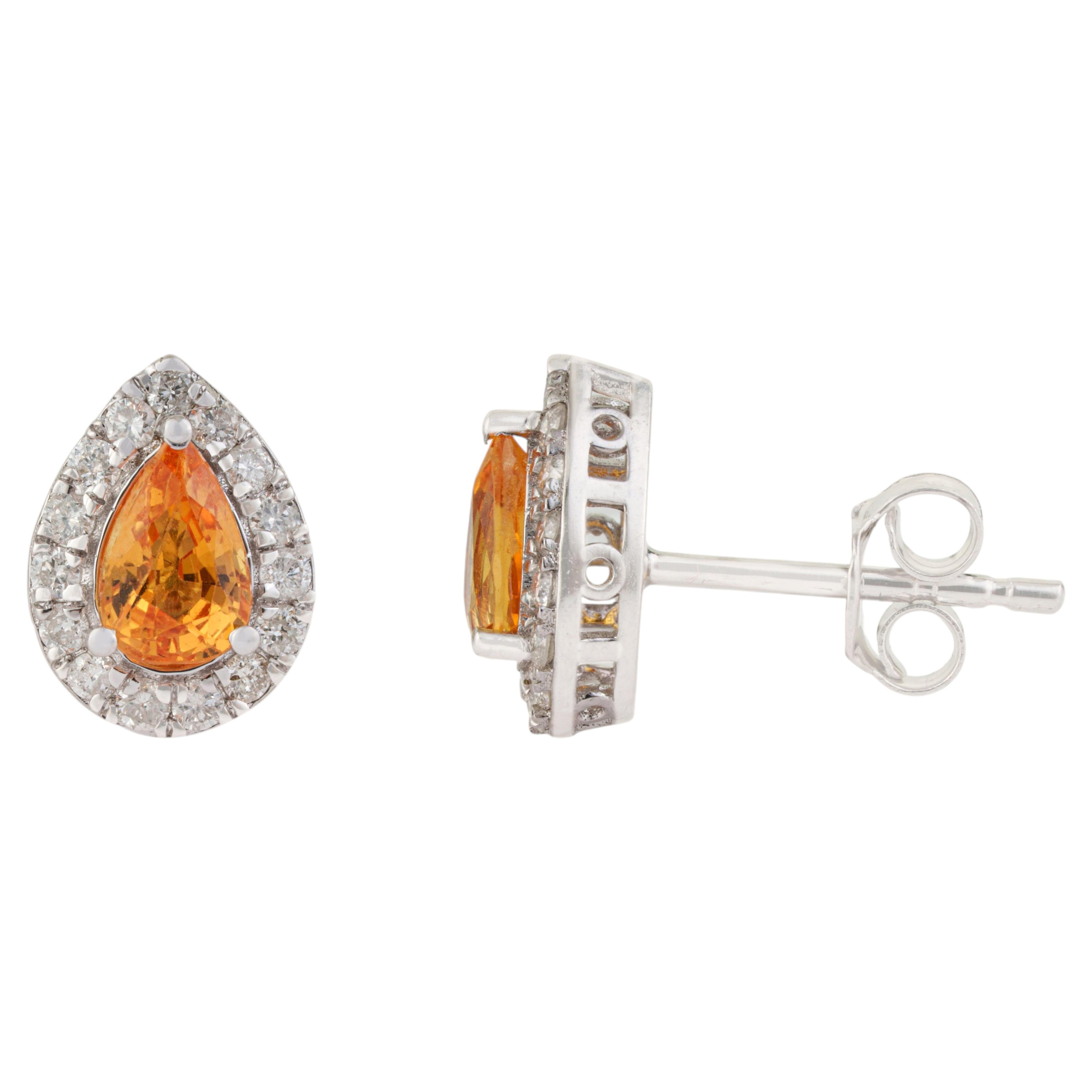 1 Ct Pear Cut Yellow Sapphire Halo Stud Earrings with Diamond in 14K White Gold