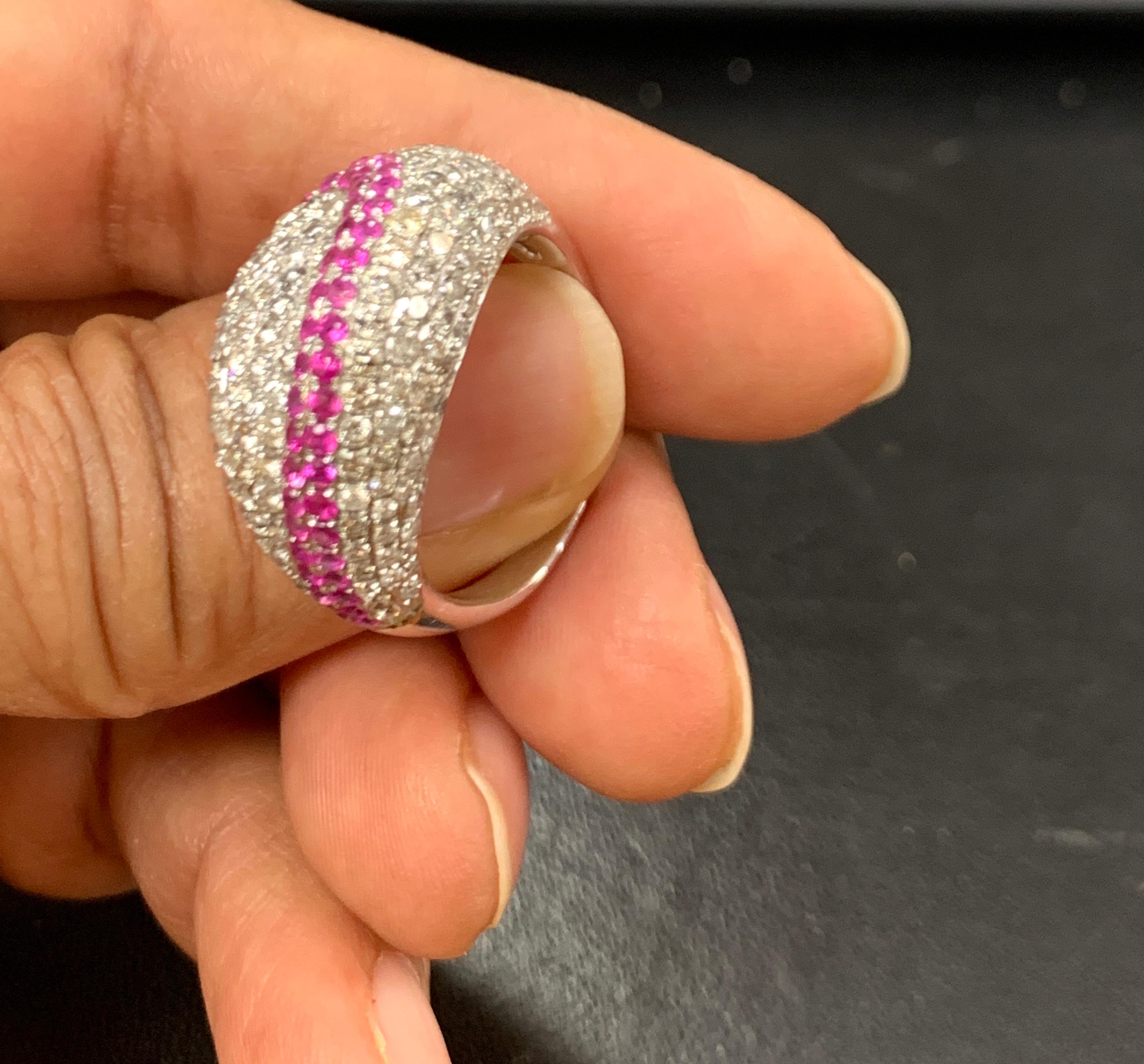 Women's 1 Carat Pink Sapphire and 4 Carat Diamond 18 Karat White Gold Ring, Estate For Sale