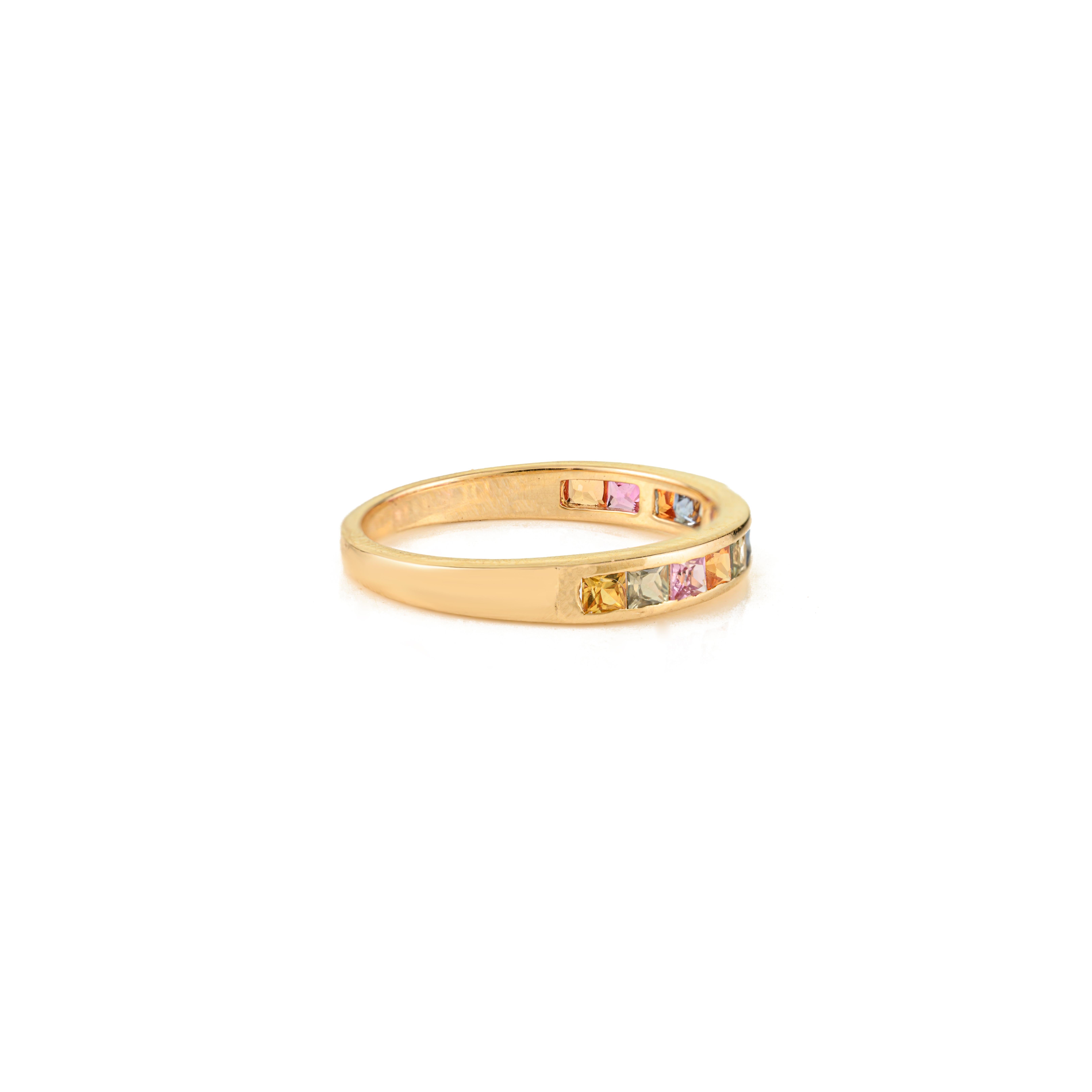 En venta: Anillo de eternidad de zafiro talla princesa 1 ct arco iris en oro amarillo de 14 quilates para ella  3