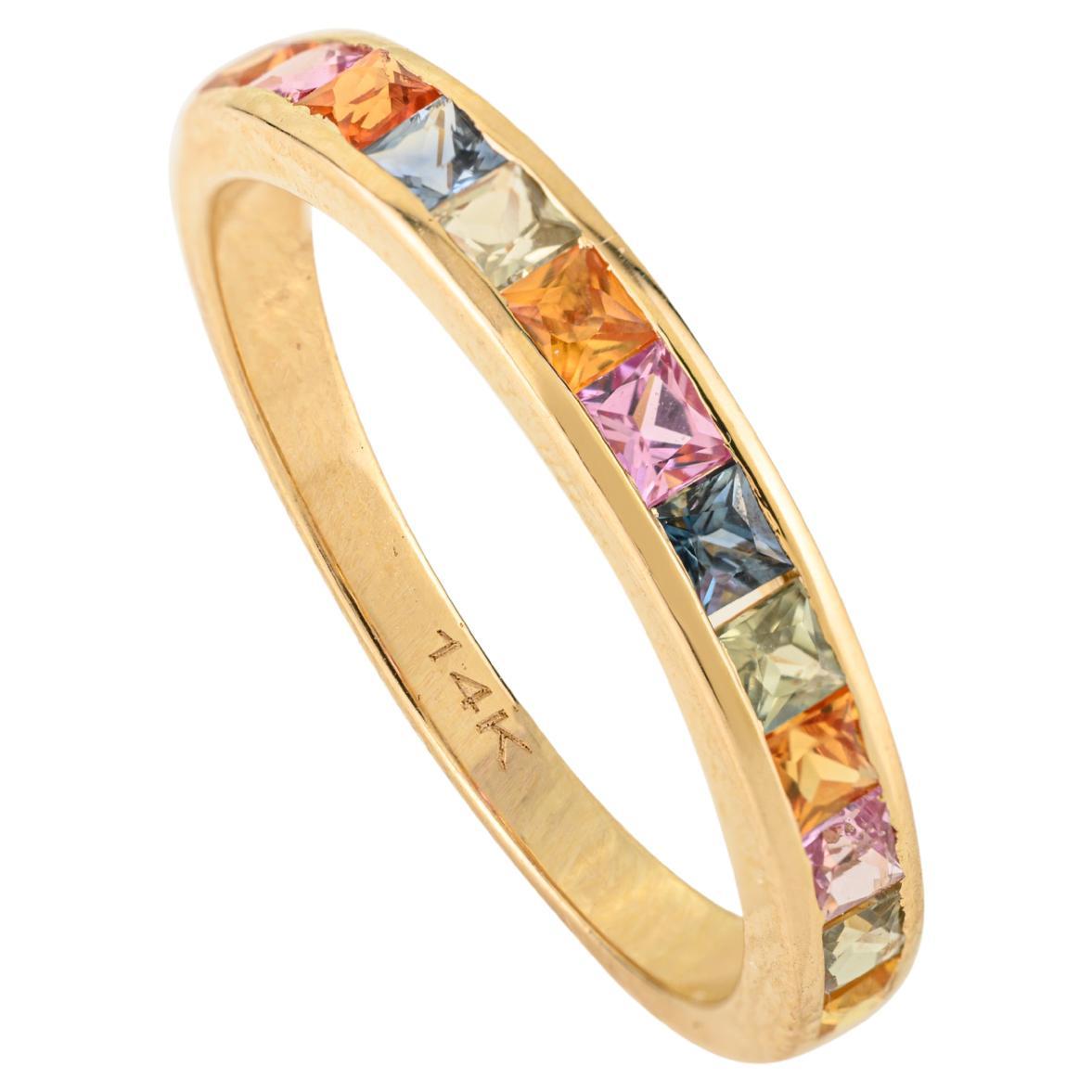 1 Ct Rainbow Princess Cut Sapphire Eternity Band Ring in 14K Yellow Gold For Her