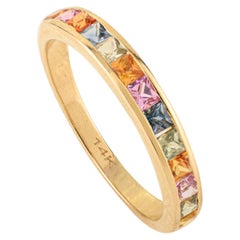 1 Ct Rainbow Princess Cut Sapphire Eternity Band Ring in 14K Yellow Gold For Her