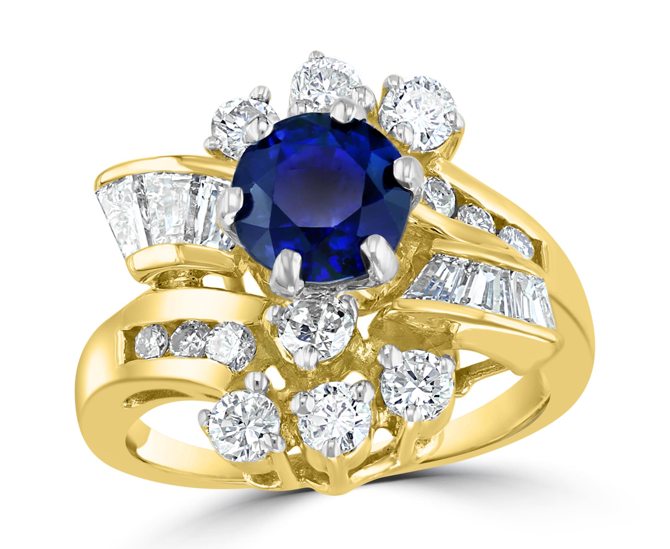 1 Carat Round Blue Sapphire & 1.65 Carat Diamond Cocktail Ring in 14 Karat Gold For Sale 11