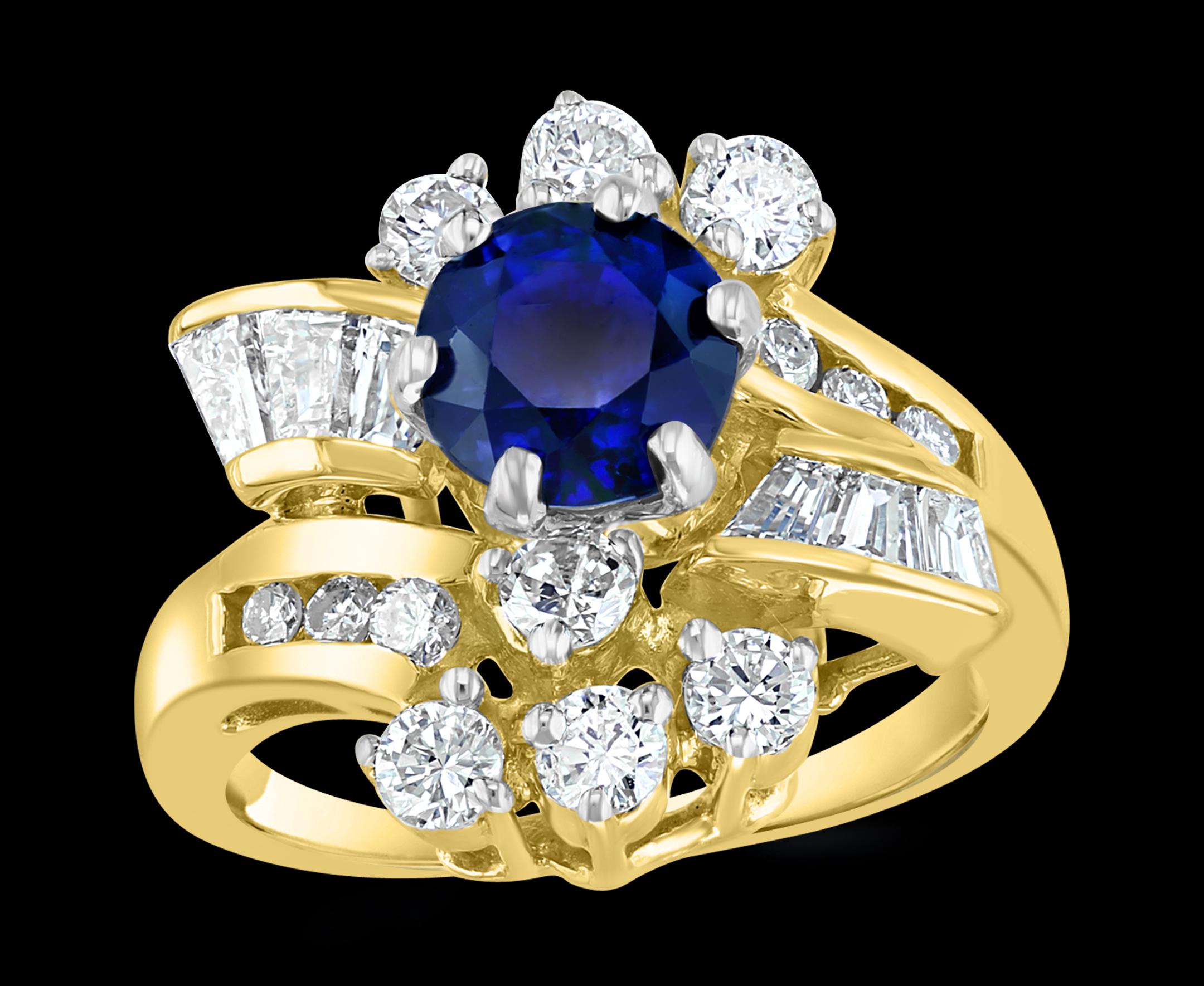 Approximately 1 Ct Round Round Blue Sapphire and Diamond Cocktail Ring in 14 Karat Yellow Gold

Round Brilliant cut diamond and Baguette Shape diamond
14 Karat yellow Gold 6 Grams
Ring Size 4.75 ( it can be resized to any size for free of