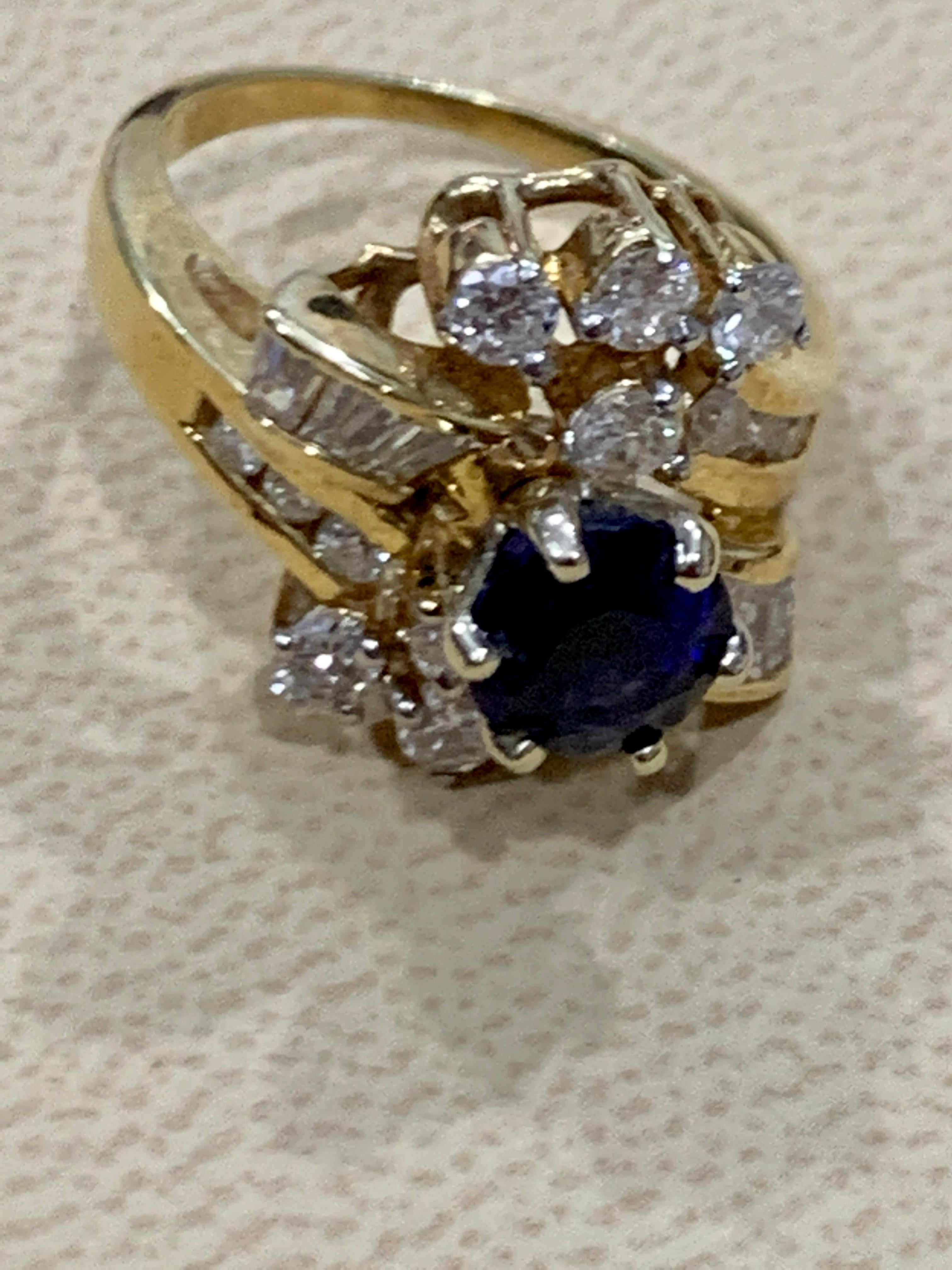 Women's 1 Carat Round Blue Sapphire & 1.65 Carat Diamond Cocktail Ring in 14 Karat Gold For Sale