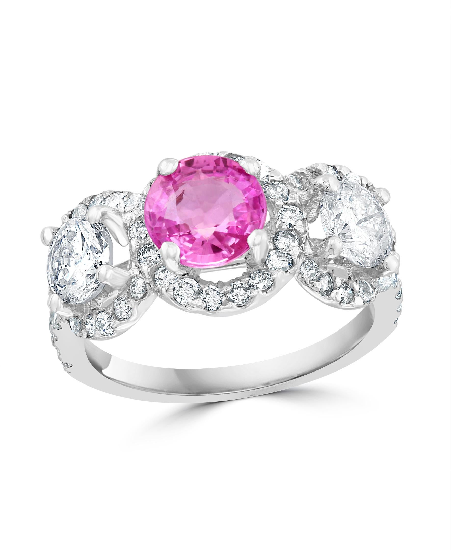 1 Ct Round Pink Sapphire & 1.5 Ct Diamond 18 Karat White Gold Ring, Estate For Sale 3