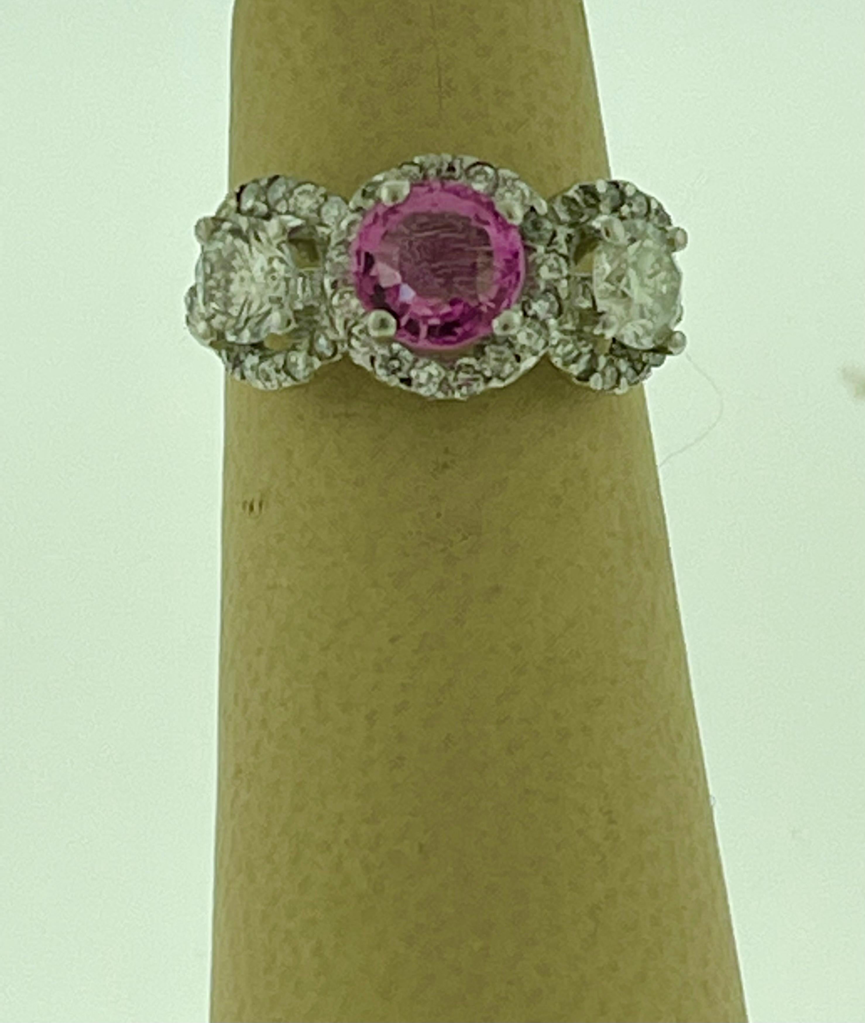 Round Cut 1 Ct Round Pink Sapphire & 1.5 Ct Diamond 18 Karat White Gold Ring, Estate For Sale