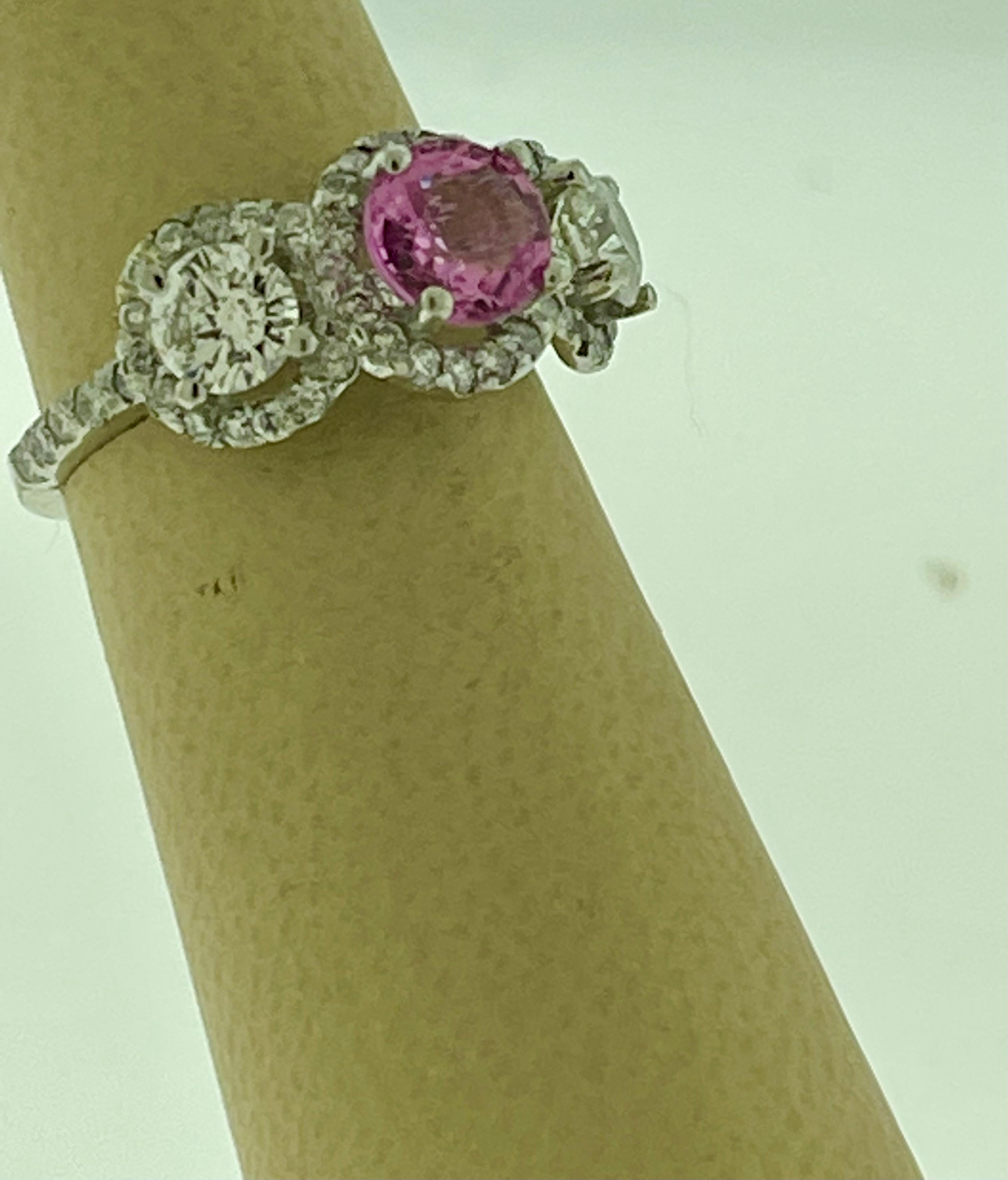 1 Ct Round Pink Sapphire & 1.5 Ct Diamond 18 Karat White Gold Ring, Estate In Excellent Condition For Sale In New York, NY