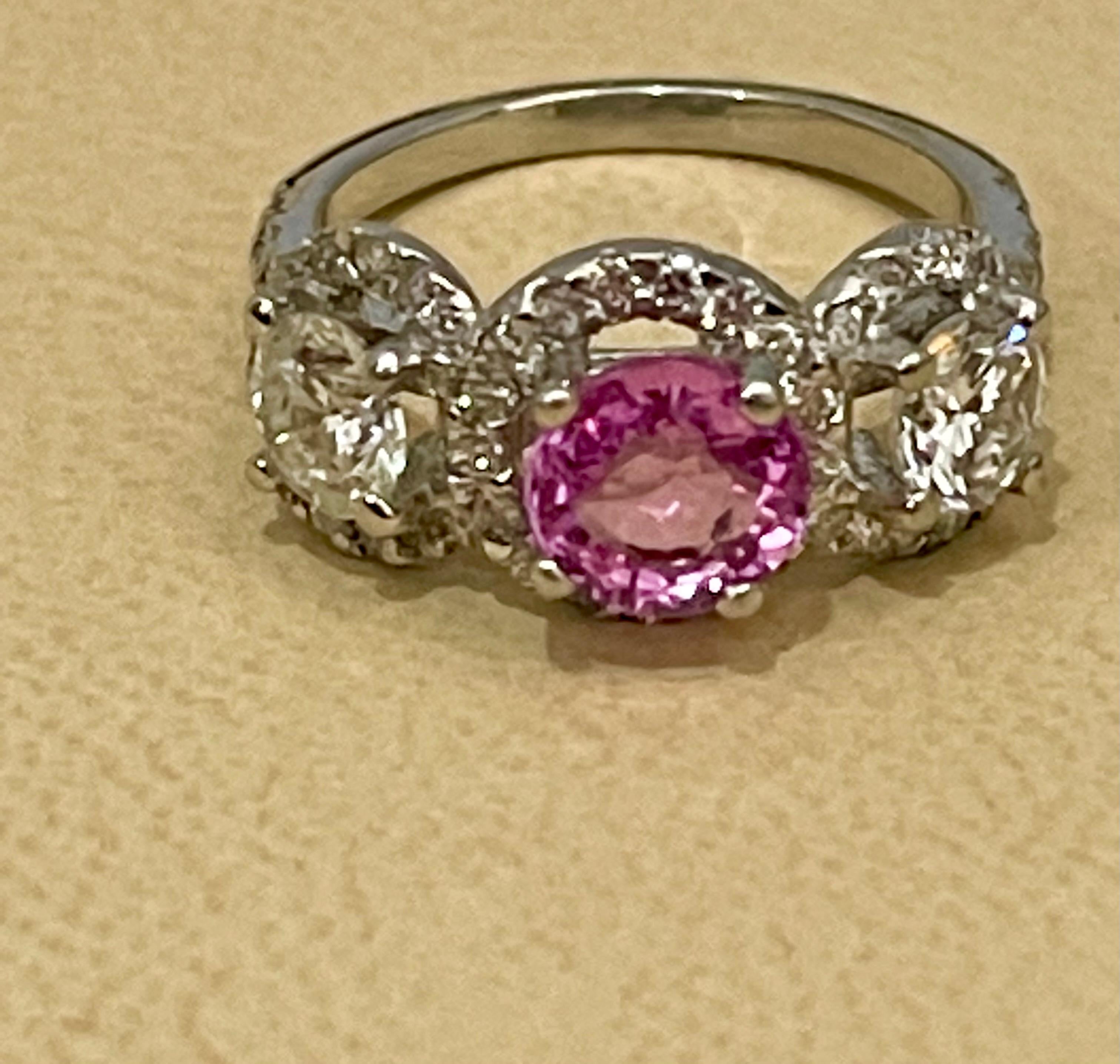 Women's 1 Ct Round Pink Sapphire & 1.5 Ct Diamond 18 Karat White Gold Ring, Estate For Sale