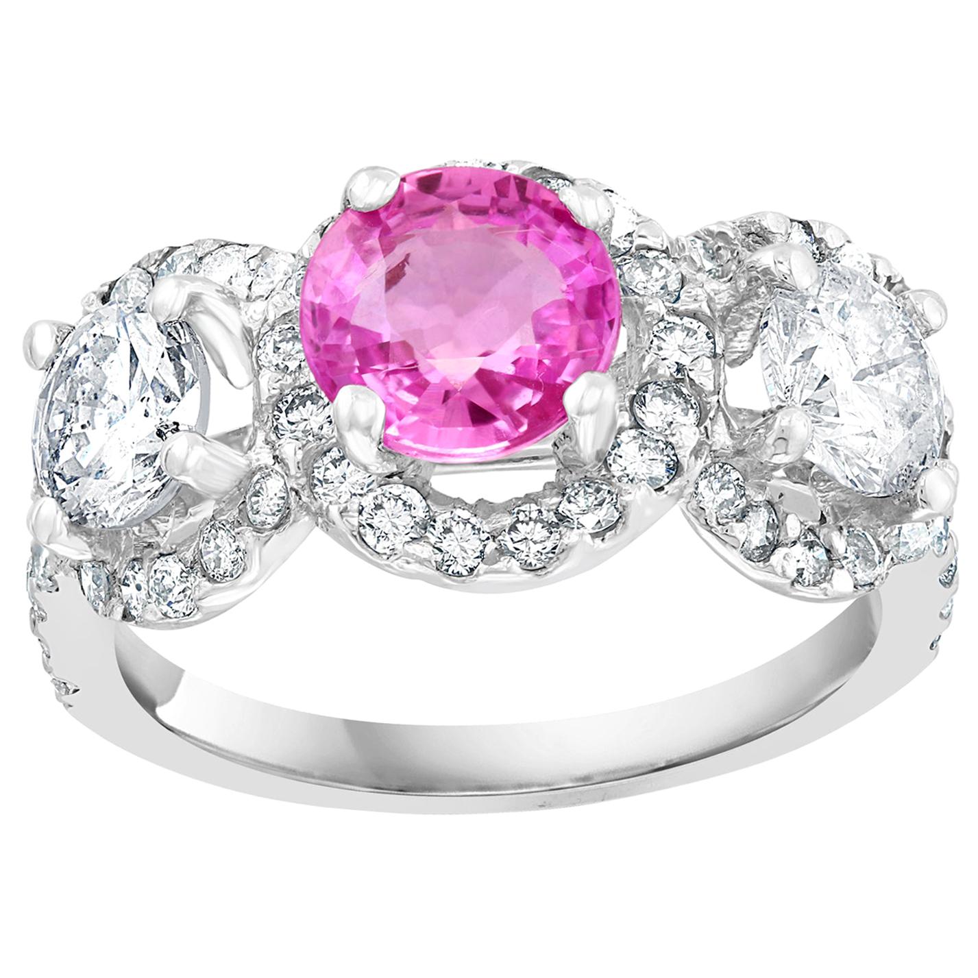 1 Ct Round Pink Sapphire & 1.5 Ct Diamond 18 Karat White Gold Ring, Estate For Sale