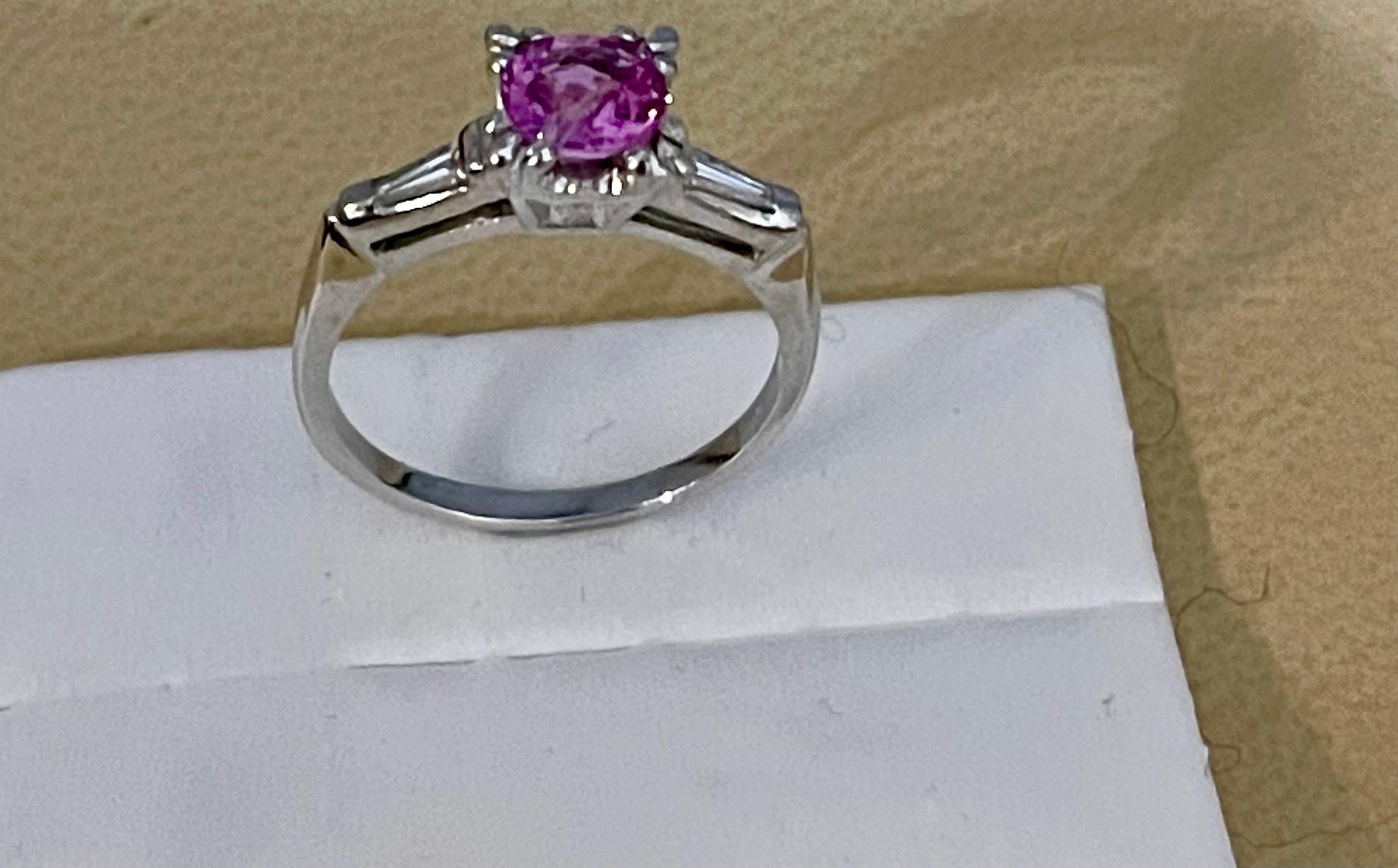 1 Ct Round Pink Sapphire 2 Baguettes Diamond in Platinum Ring, Estate For Sale 7