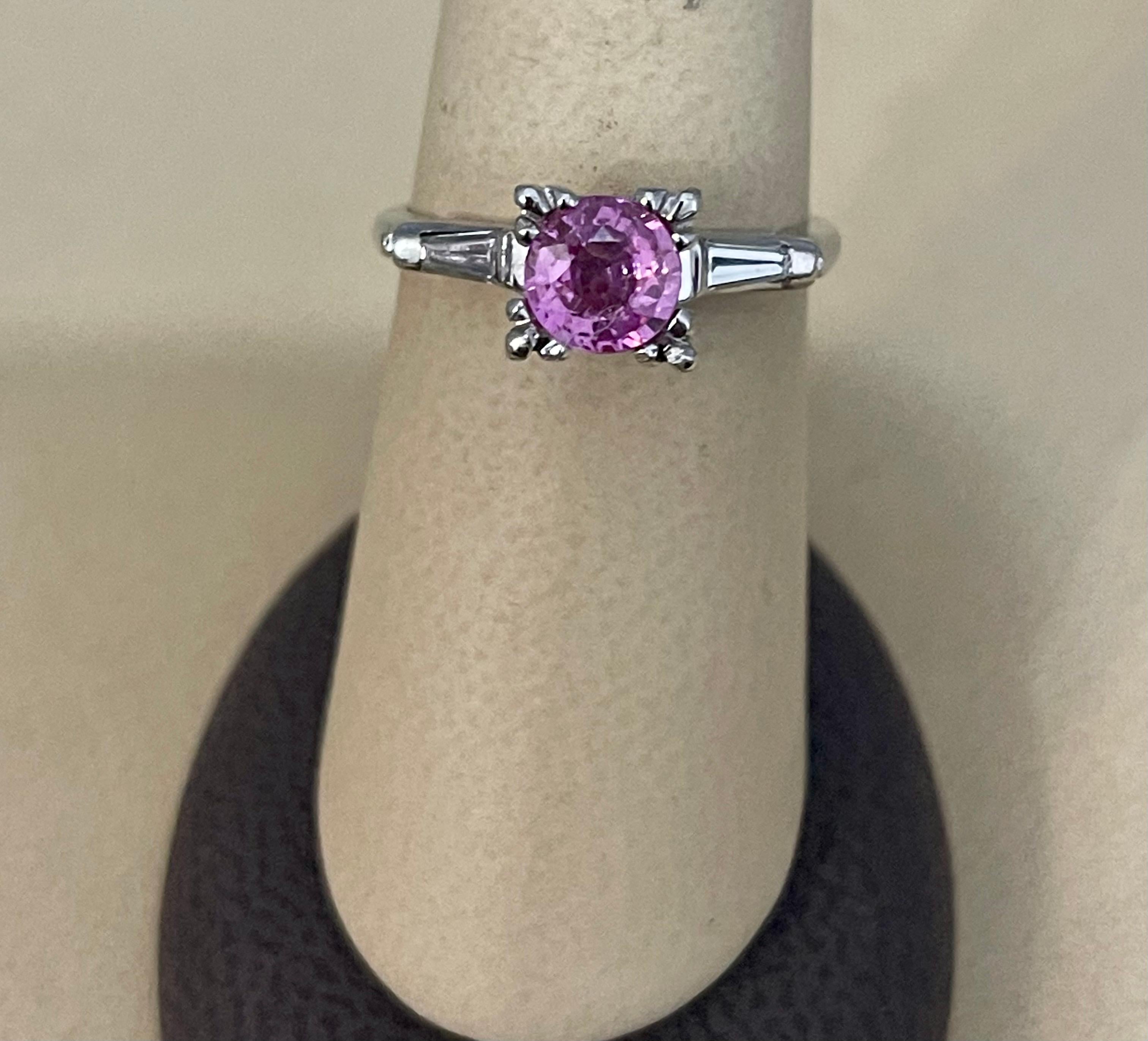1 Ct Round Pink Sapphire 2 Baguettes Diamond in Platinum Ring, Estate For Sale 8