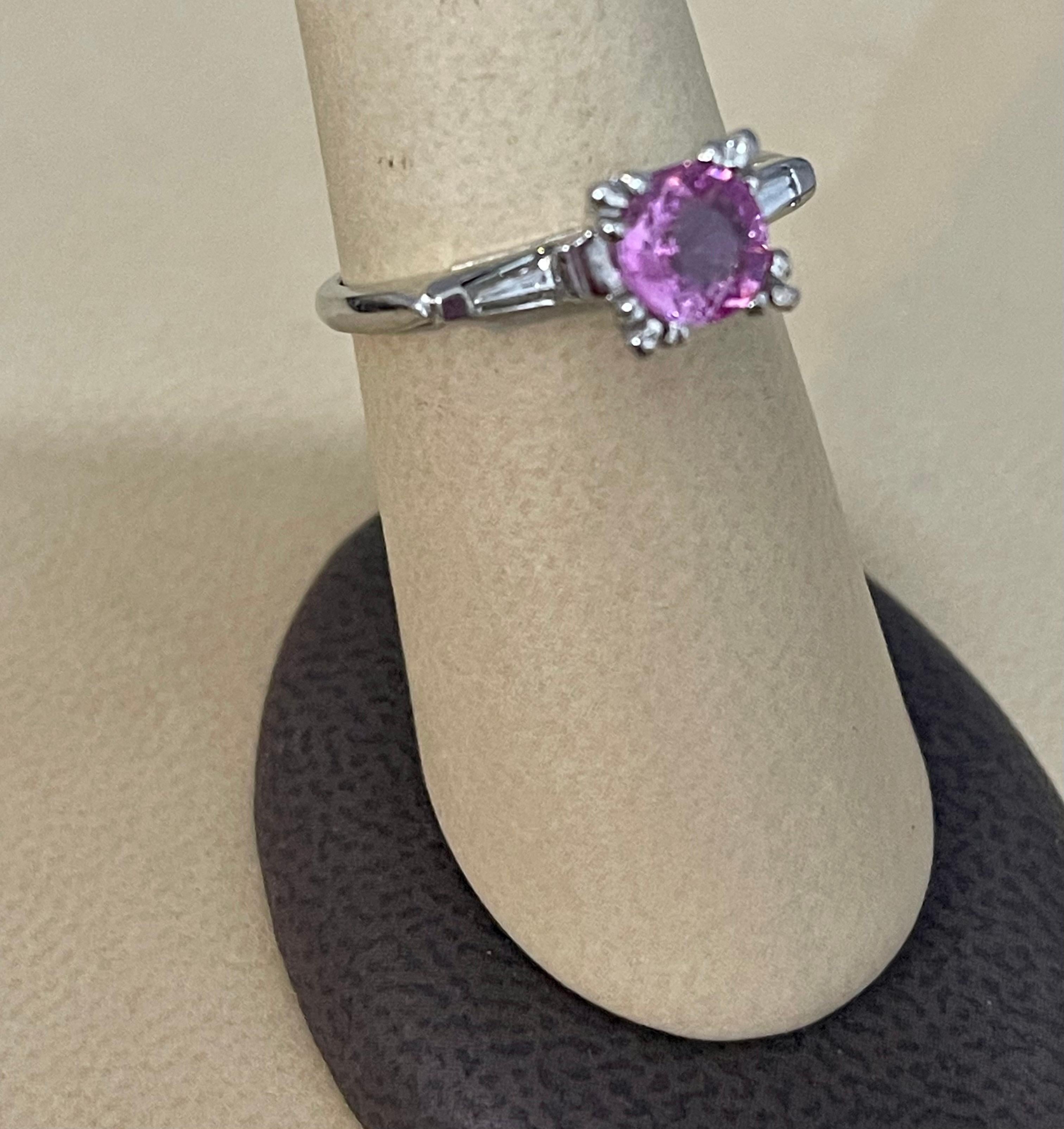 1 Ct Round Pink Sapphire 2 Baguettes Diamond in Platinum Ring, Estate For Sale 9