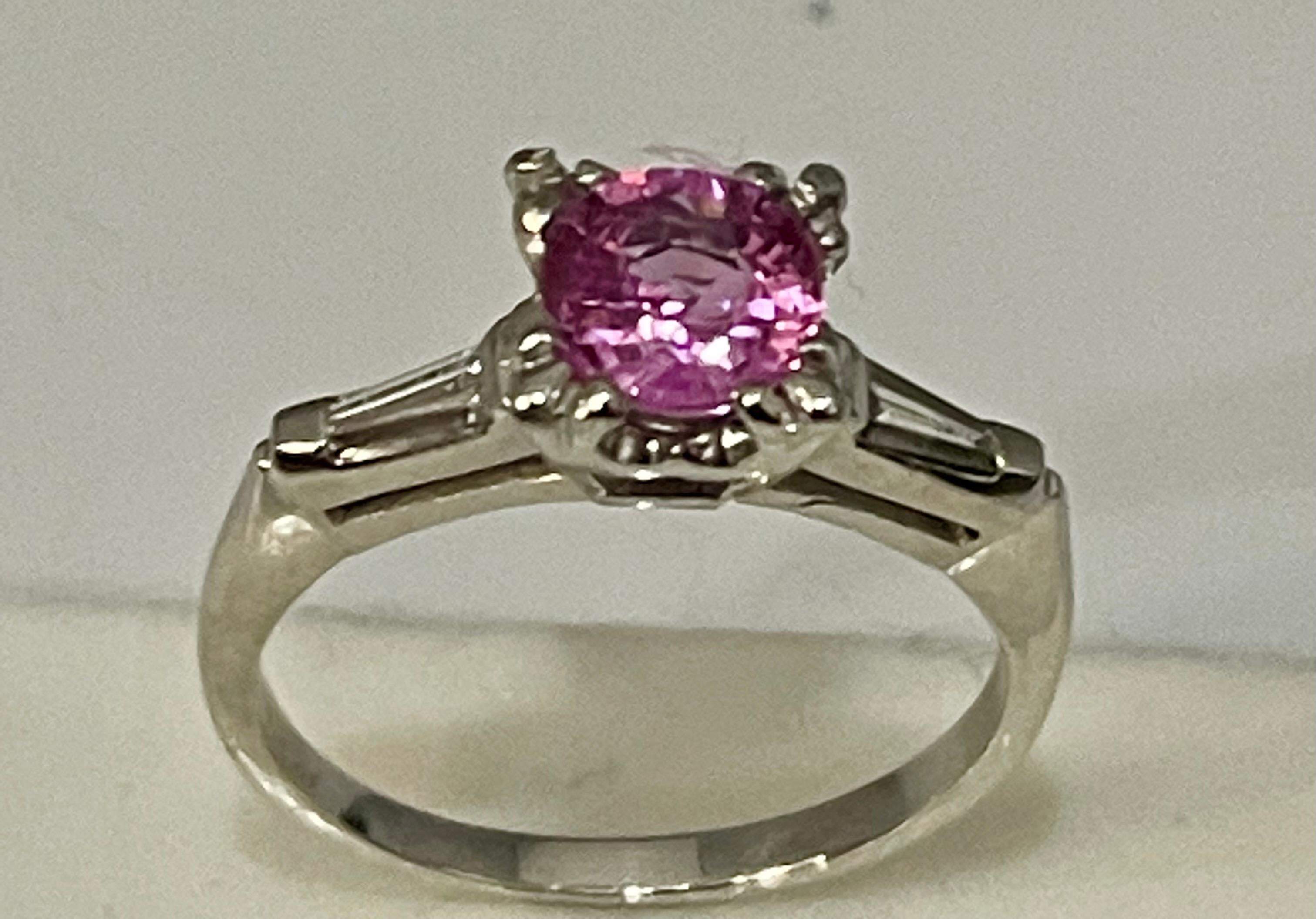 1 Ct Round Pink Sapphire 2 Baguettes Diamond in Platinum Ring, Estate For Sale 10