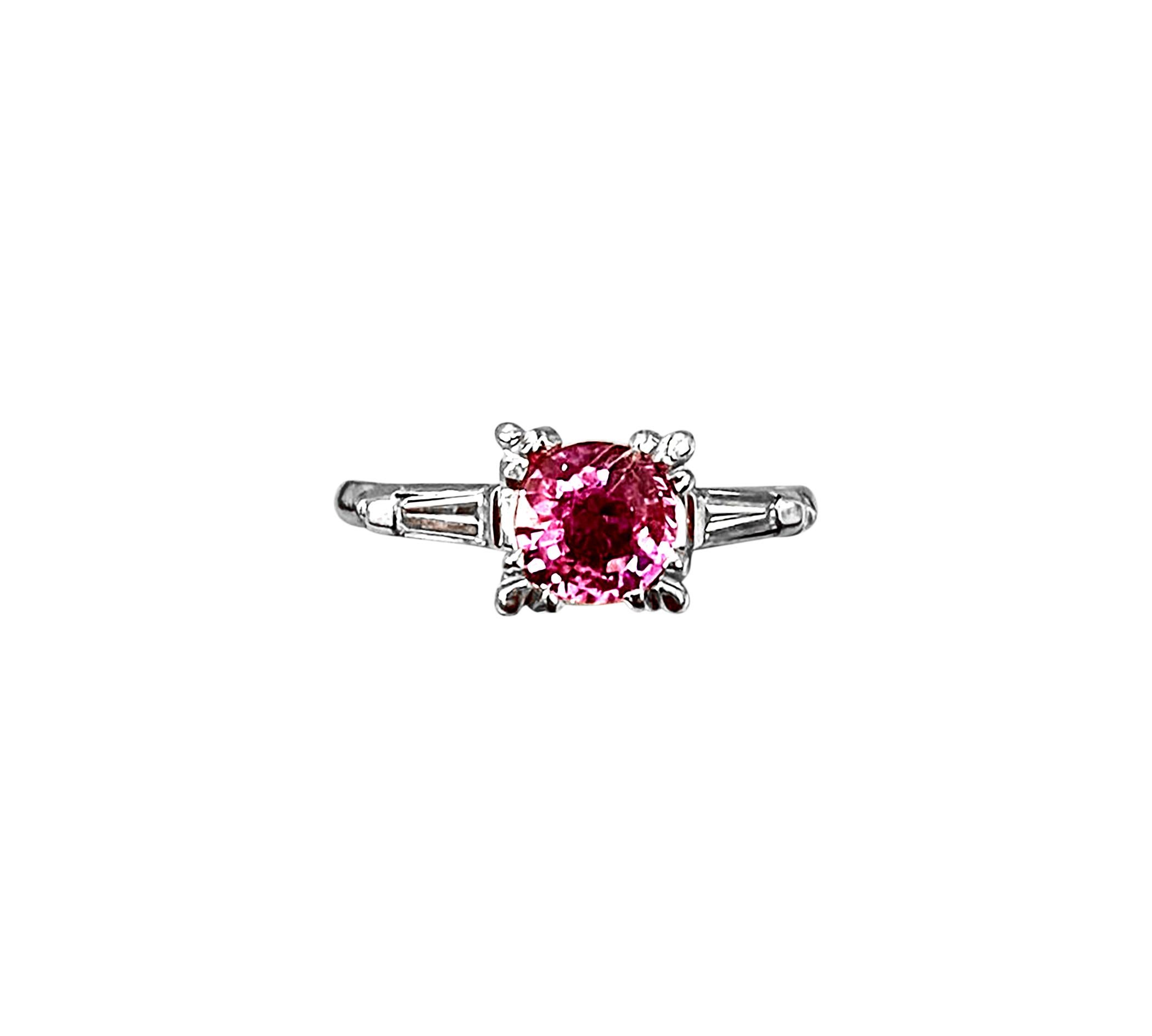 Round Cut 1 Ct Round Pink Sapphire 2 Baguettes Diamond in Platinum Ring, Estate For Sale