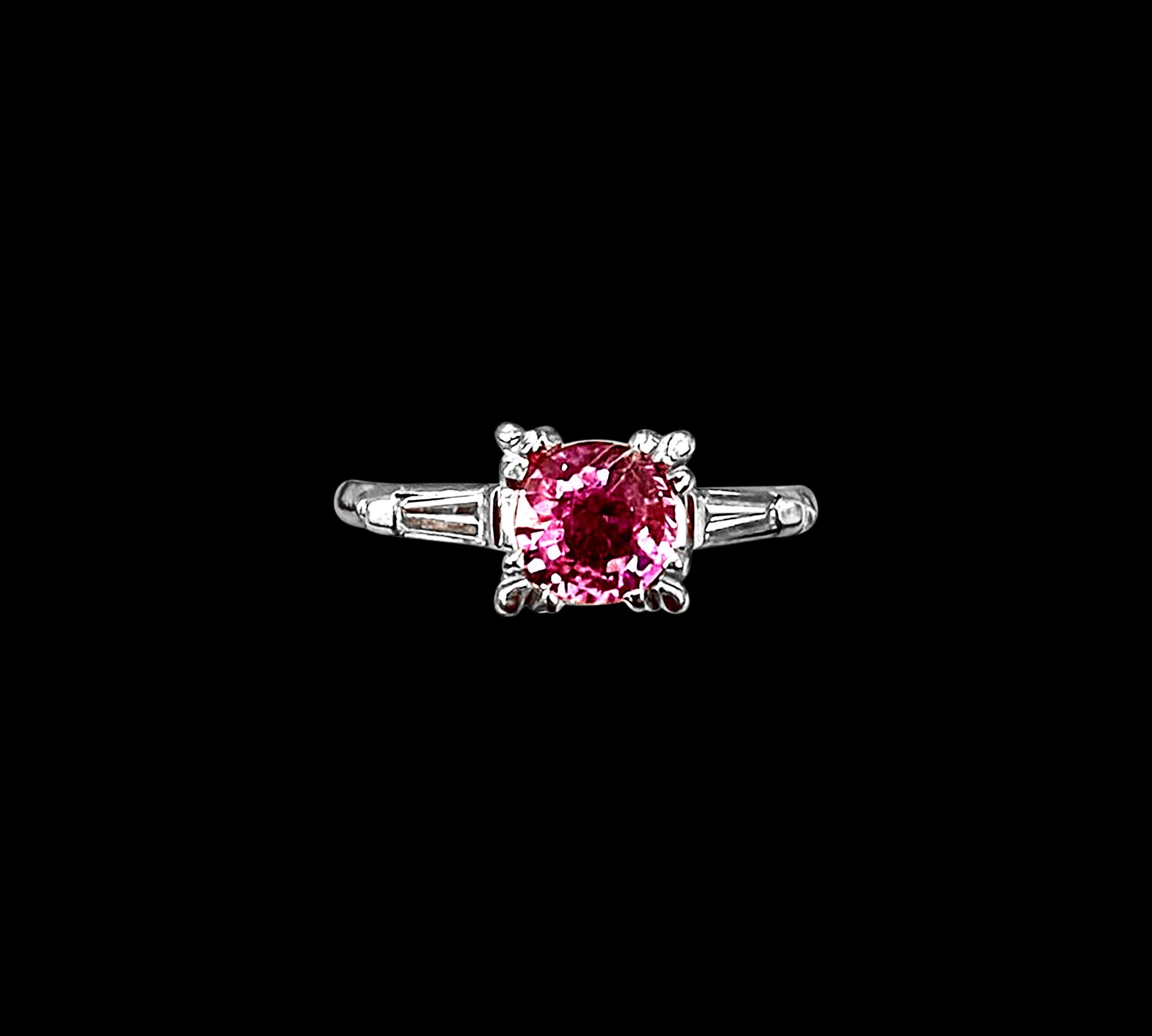 1 Ct Round Pink Sapphire 2 Baguettes Diamond in Platinum Ring, Estate In Excellent Condition For Sale In New York, NY