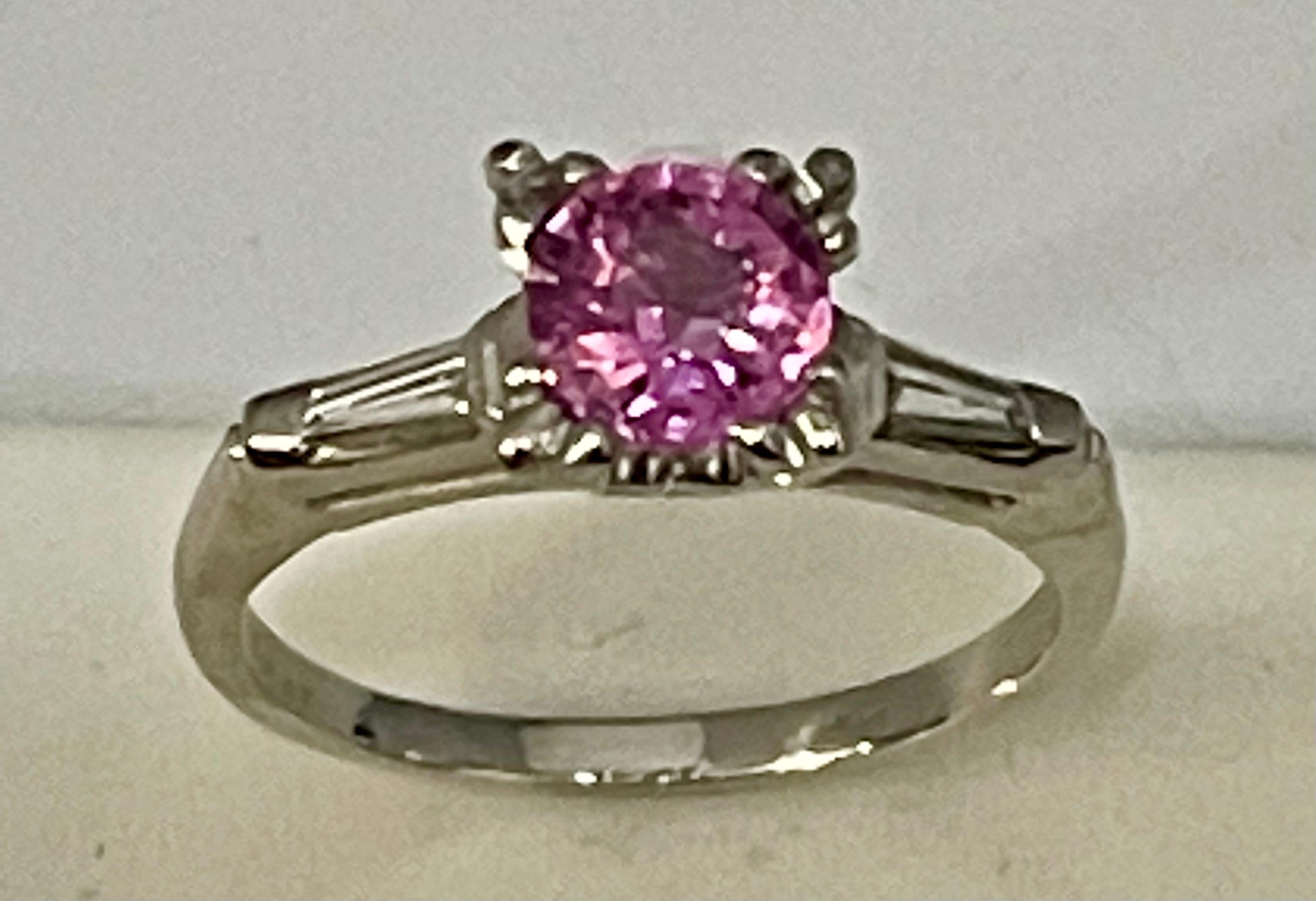 1 Ct Round Pink Sapphire 2 Baguettes Diamond in Platinum Ring, Estate For Sale 2