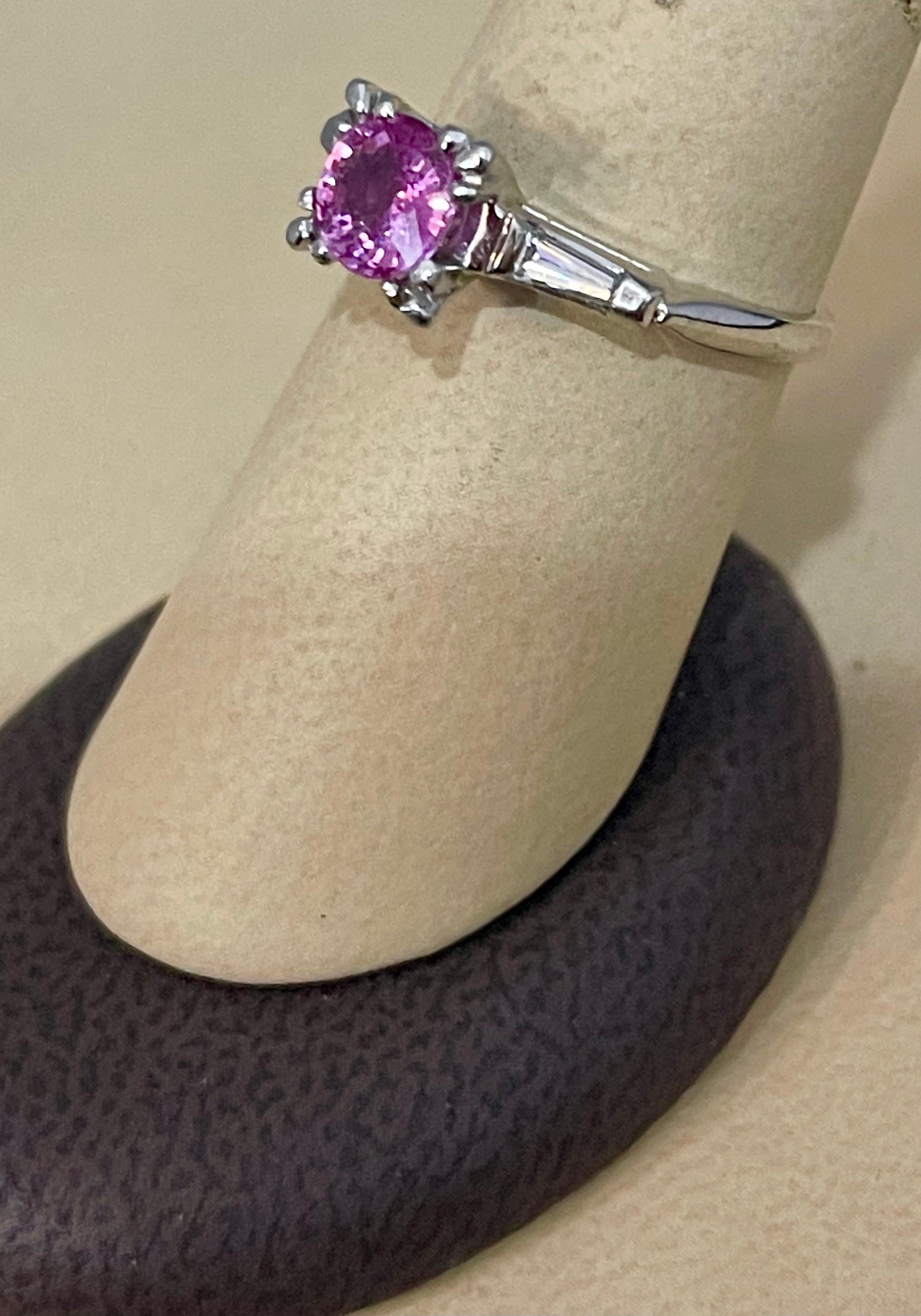 1 Ct Round Pink Sapphire 2 Baguettes Diamond in Platinum Ring, Estate For Sale 3