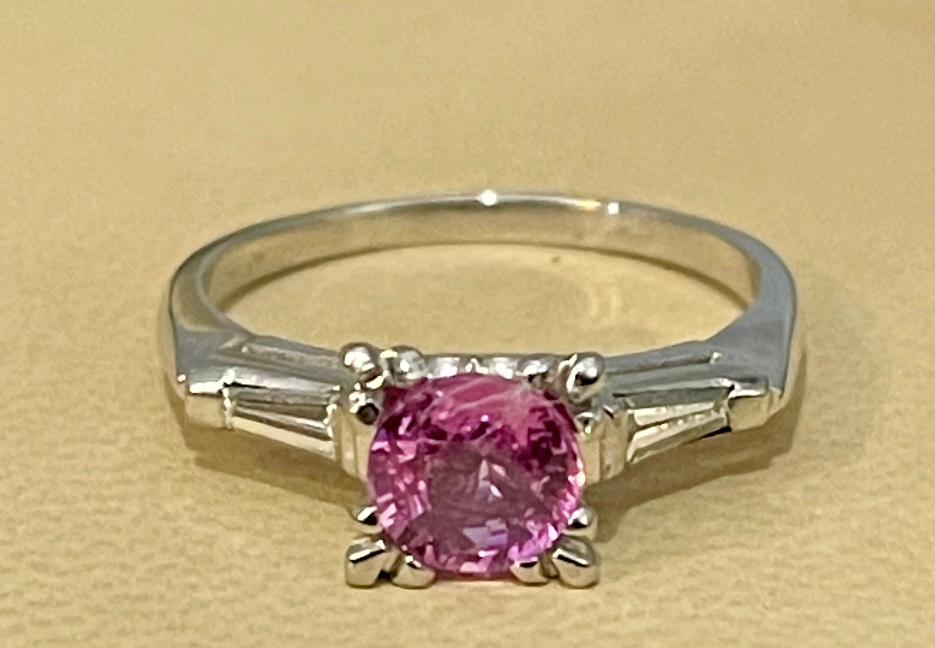 1 Ct Round Pink Sapphire 2 Baguettes Diamond in Platinum Ring, Estate For Sale 4
