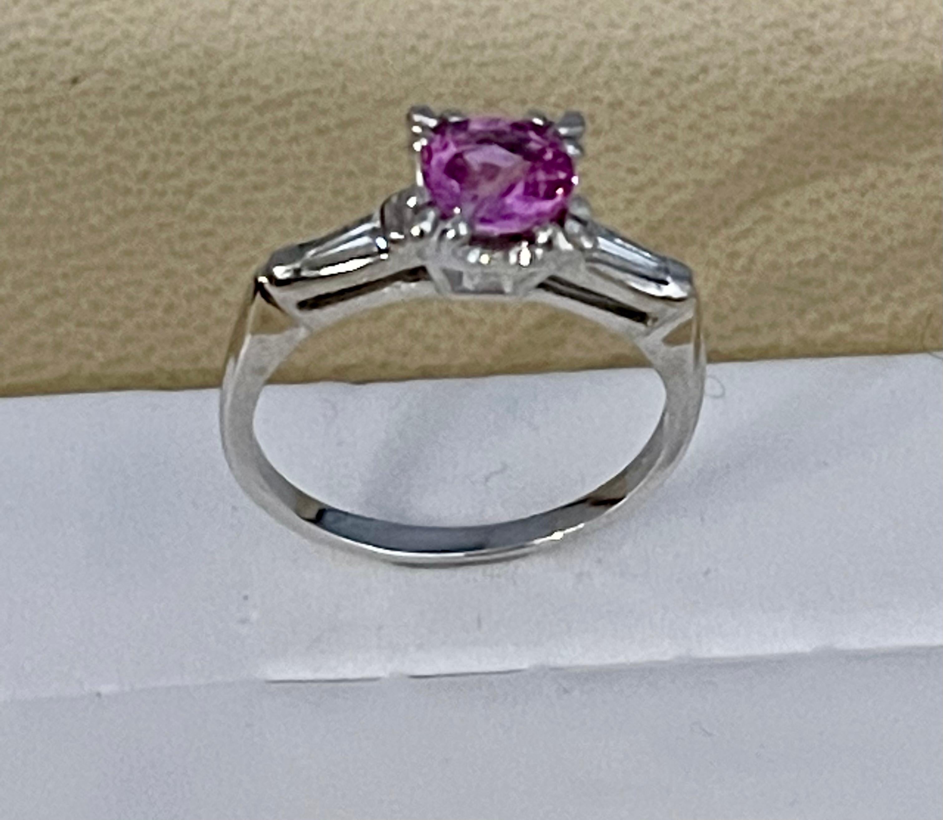 1 Ct Round Pink Sapphire 2 Baguettes Diamond in Platinum Ring, Estate For Sale 5