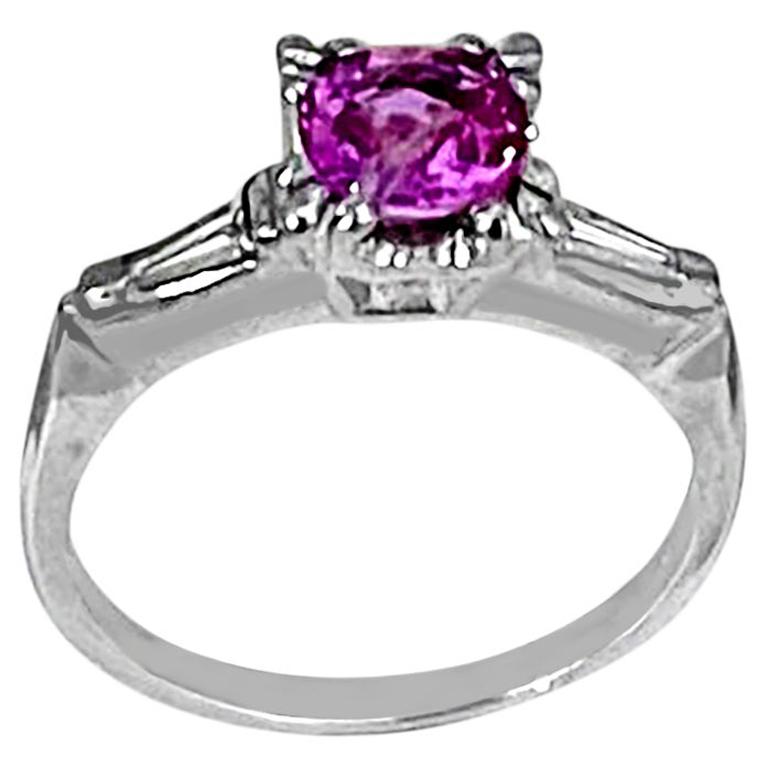 1 Ct Round Pink Sapphire 2 Baguettes Diamond in Platinum Ring, Estate For Sale
