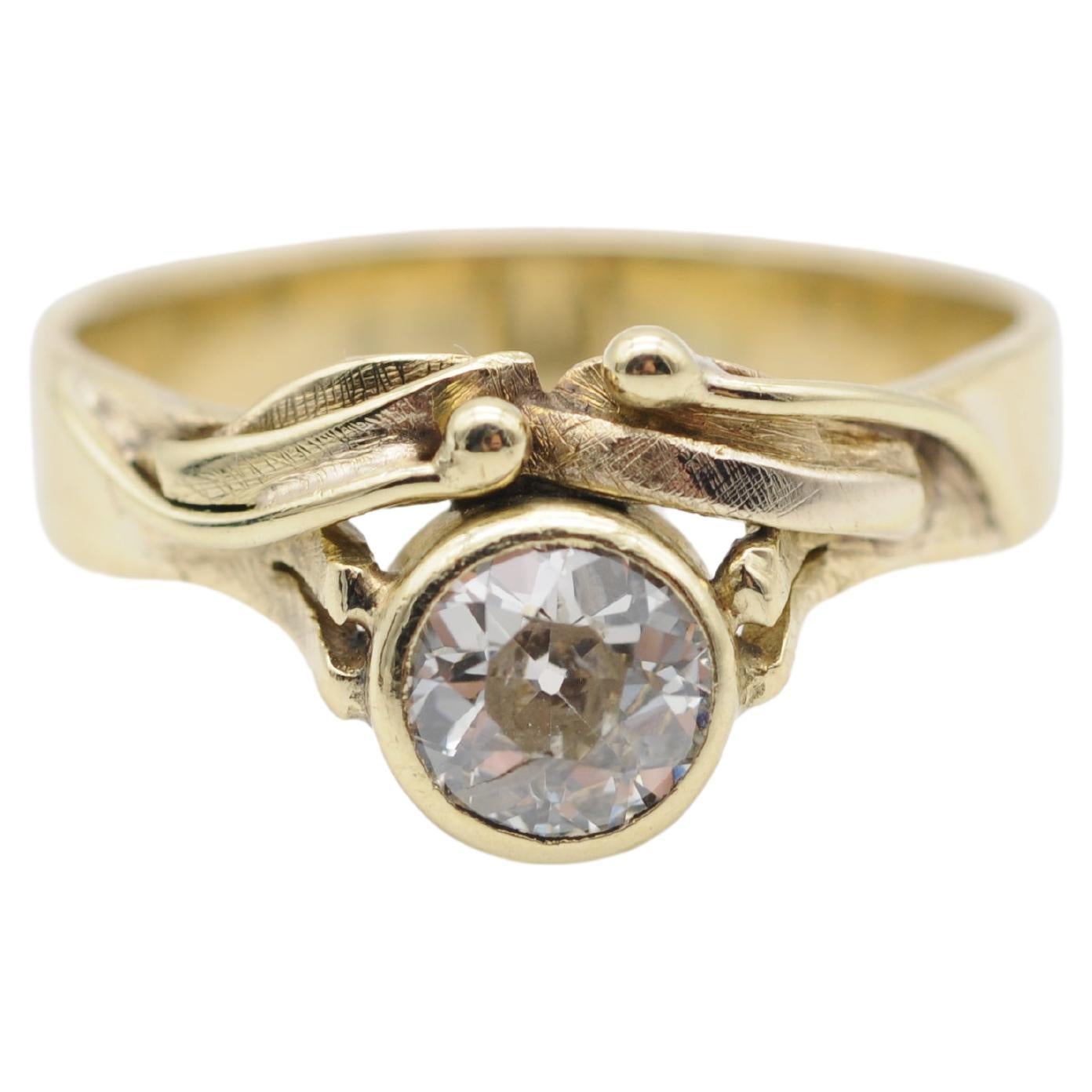 Diamond 1 Ct. Solitaire Brilliant Ring Art Nouveau, 14k Yellow Gold For Sale