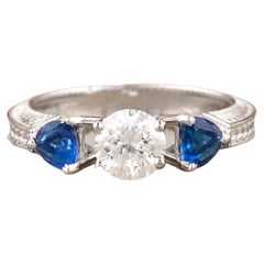 1 Carat Solitaire Diamond Ring with Blue Sapphires in 18k Solid Gold