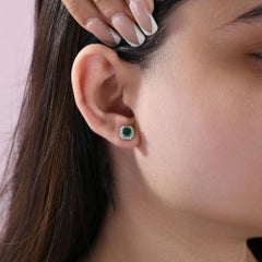 1 Ct Zambian Emerald 0.3 Ct Diamond Halo Studs Earrings 18 Karat White Gold