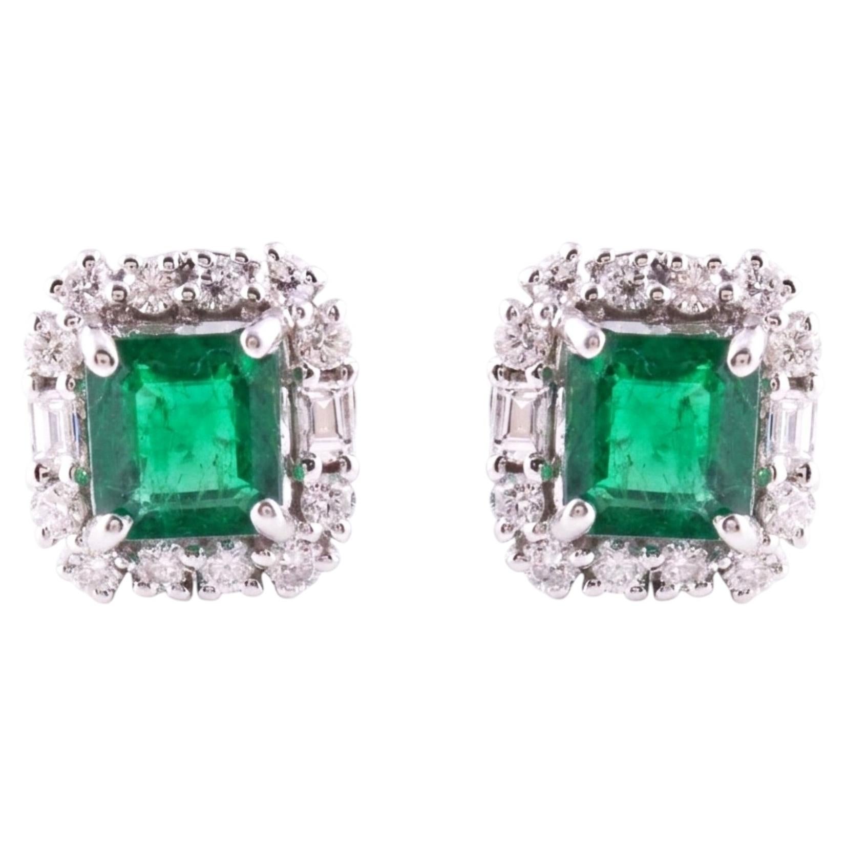 1 Ct Zambian Emerald 0.3 Ct Diamond Halo Studs Women 18Karat White Gold Earrings