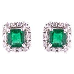 1 Ct Zambian Emerald 0.3 Ct Diamond Halo Studs Earrings 18 Karat White Gold