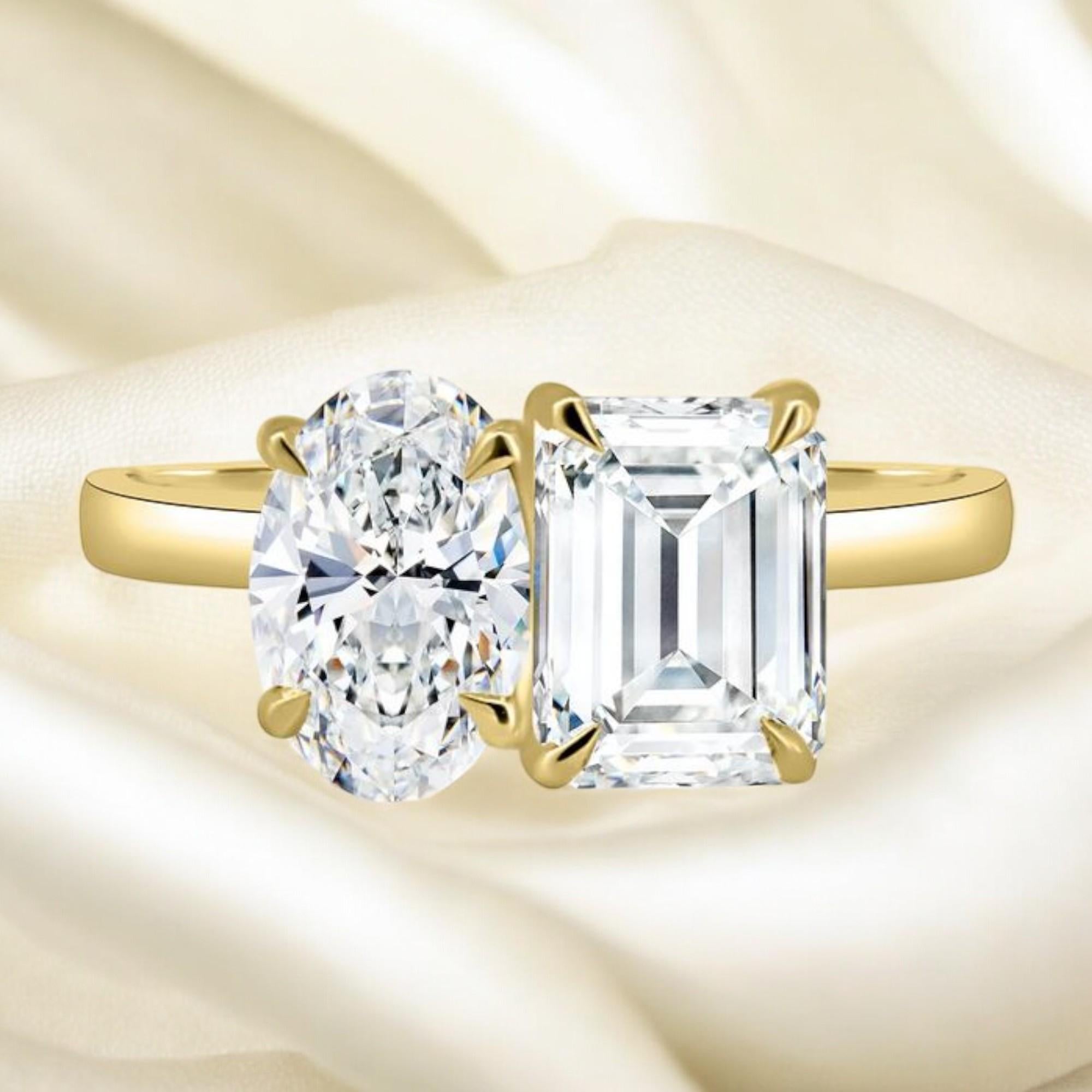 1 Karat F/VS1 Oval Smaragdform GIA zertifizierte Diamanten Toi Et Moi Ring 18K Gold (Ovalschliff) im Angebot