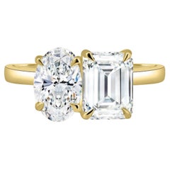 1 Cts F/VS1 Oval Emerald Shape GIA Certified Diamonds Toi Et Moi Ring 18K Gold