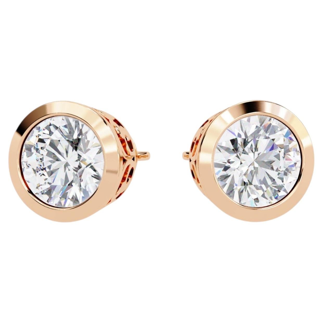 1 CTW Bezel Diamond Stud Earrings in 14K Gold, SI Natural Solitaire Earrings