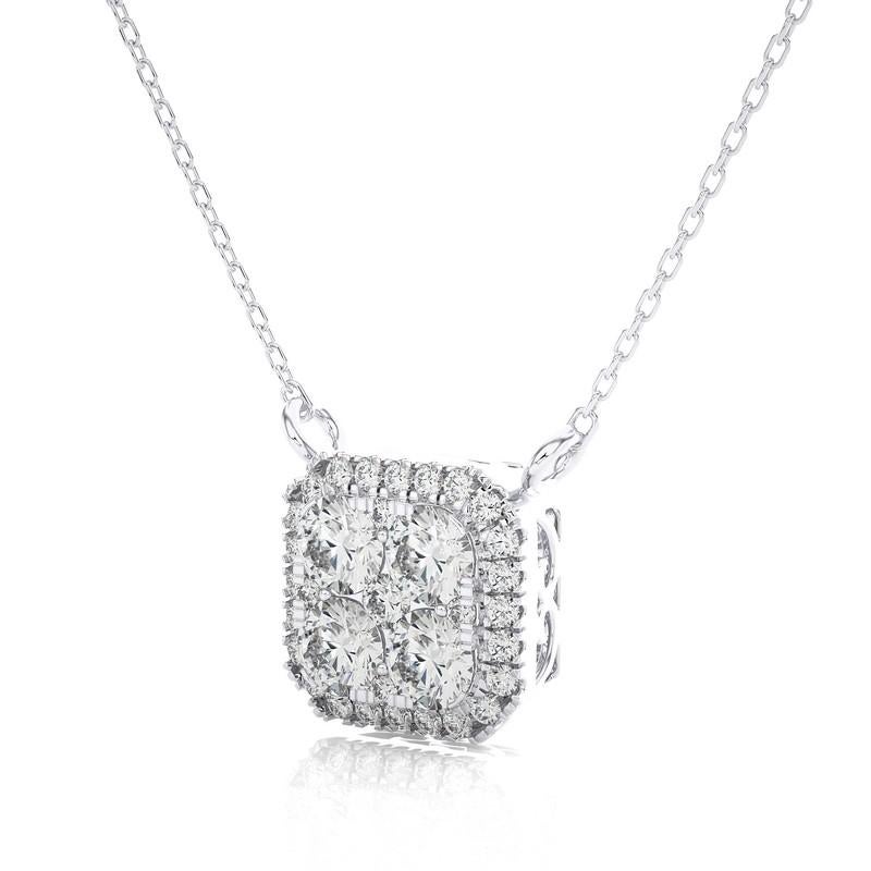 Round Cut 1 ctw Diamond Moonlight Cushion Cluster Necklace in 14K White Gold For Sale