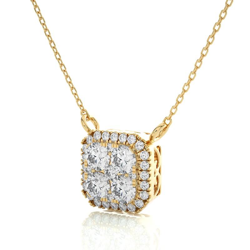 Round Cut 1 ctw Diamond Moonlight Cushion Cluster Necklace in 14K Yellow Gold For Sale