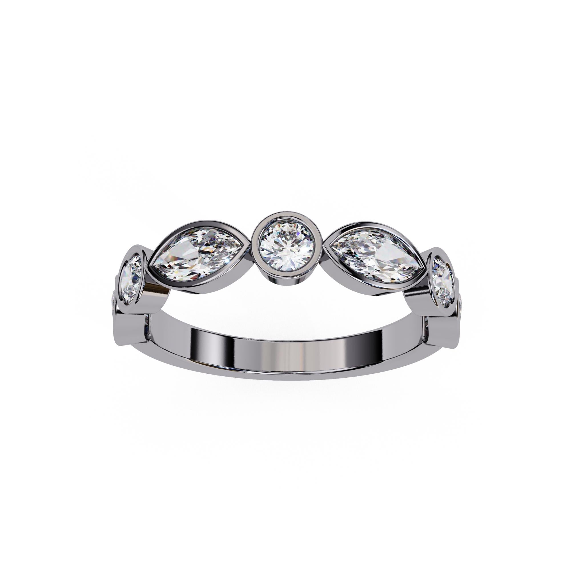 1 Ctw, Marquise and Round Bezel Diamond Ring, Diamond Band, 14K Solid Gold, SI For Sale 8