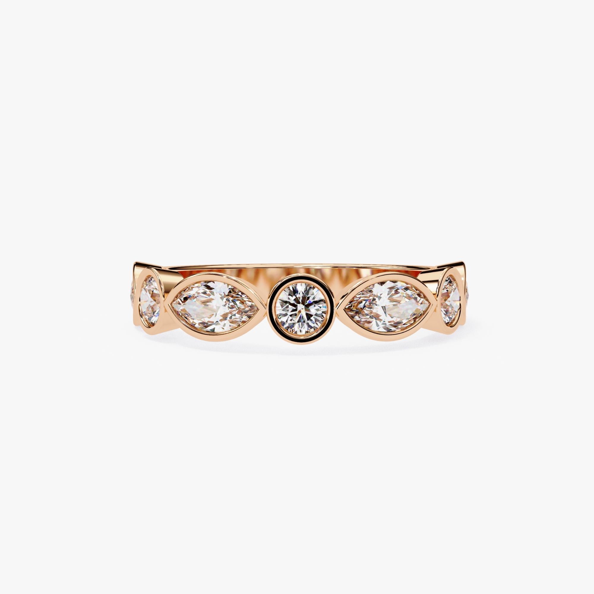1 Ctw, Marquise and Round Bezel Diamond Ring, Diamond Band, 14K Solid Gold, SI For Sale 3