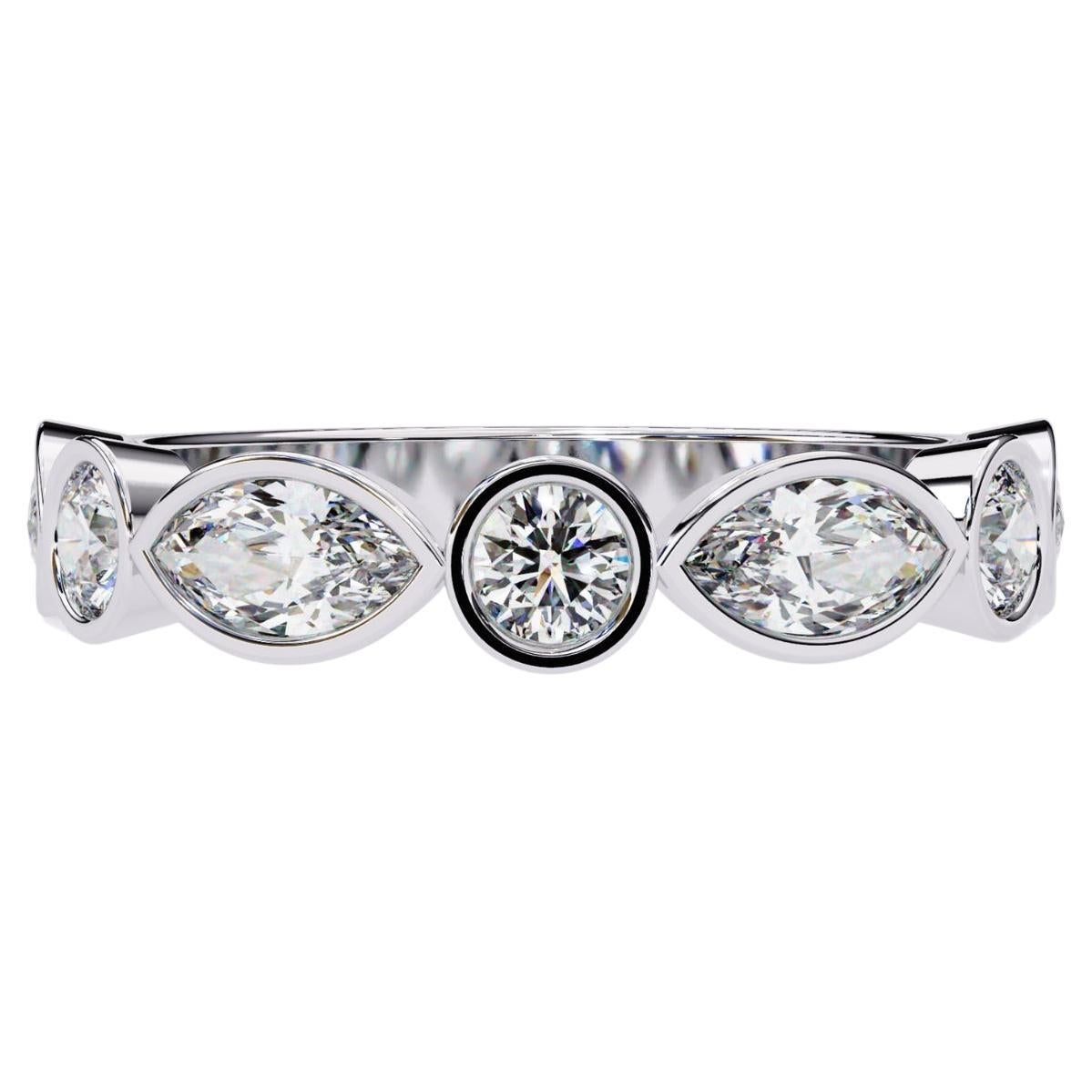 1 Ctw, Marquise and Round Bezel Diamond Ring, Diamond Band, 14K Solid Gold, SI