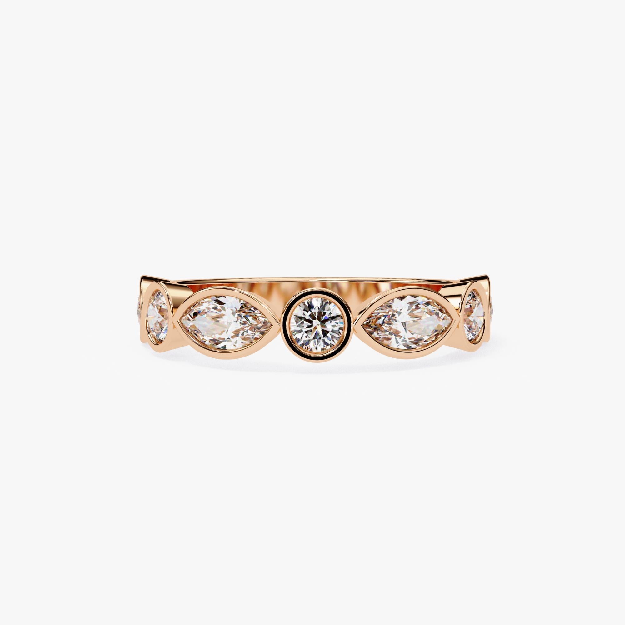 1 Ctw, Marquise and Round Bezel Diamond Ring, Diamond Band, 14K Solid Gold, SI en vente 3