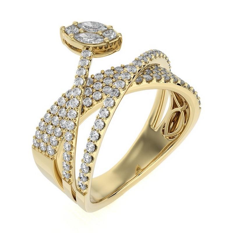 Overview:
The Classic Collection’s bypass finger ring features 1 carats of round diamonds set in 18K yellow gold. This elegant and unique piece combines the sleek shine of yellow gold with the brilliant sparkle of round diamonds, making it perfect