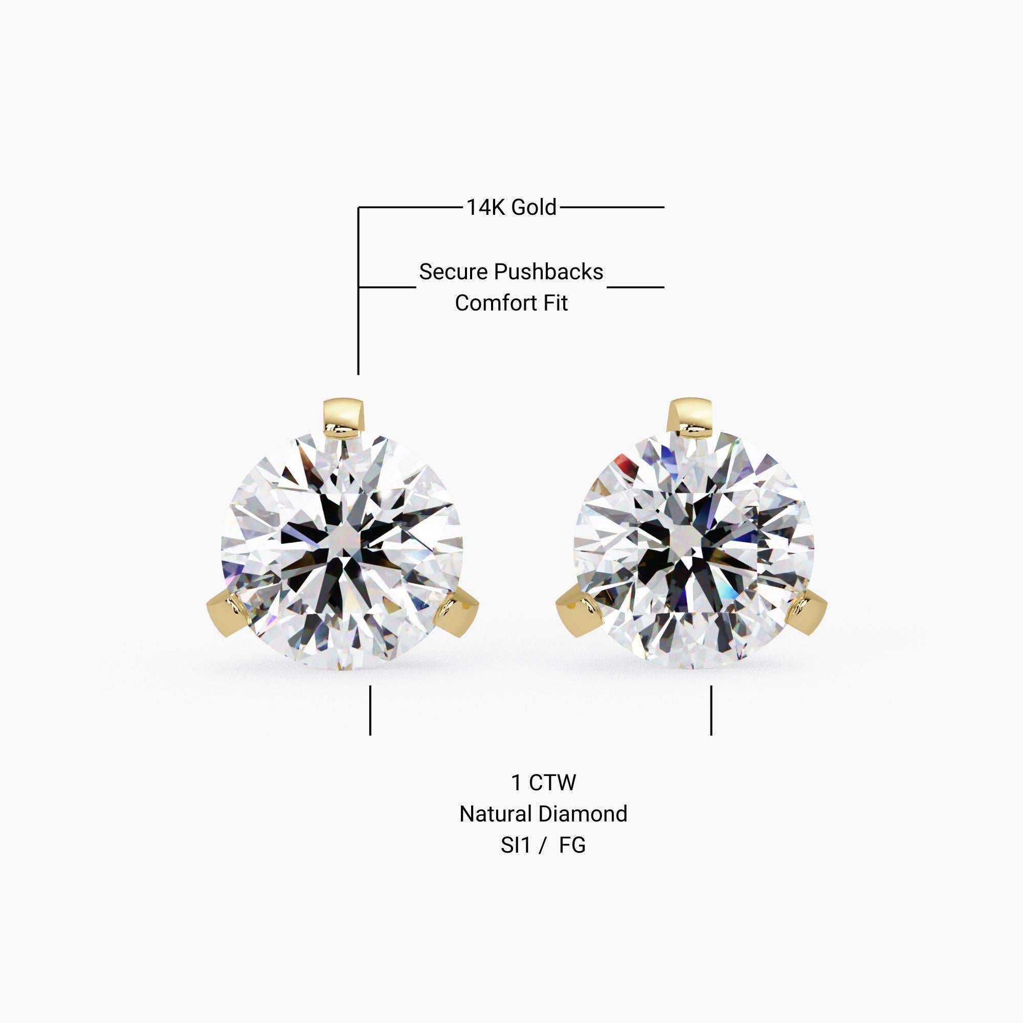 Taglio rotondo Orecchini con diamante rotondo da 1 carato in oro 14K Push Back Comfort Secure Fit in vendita