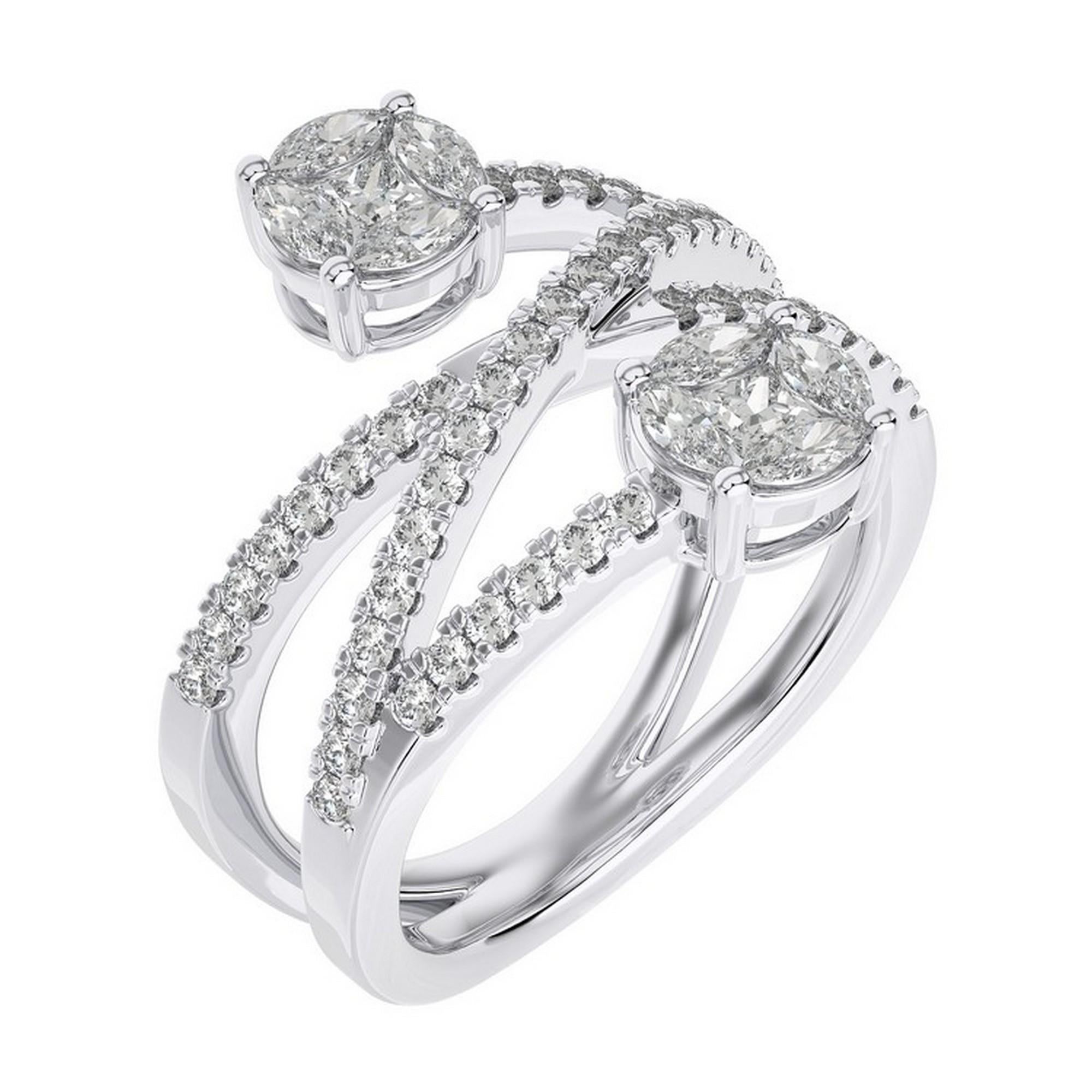 Overview:
The Classic Collection’s bypass finger ring features 1 carats of round diamonds set in 18K white gold. This elegant and unique piece combines the sleek shine of white gold with the brilliant sparkle of round diamonds, making it perfect for