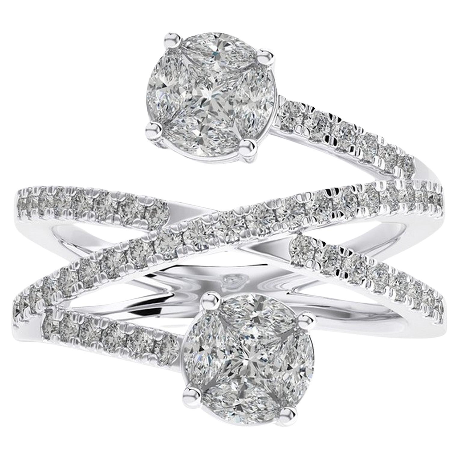 1 CTW Diamantes Redondos 18K Oro Blanco Bypass Colección Fancy Fashion Anillo de Dedo
