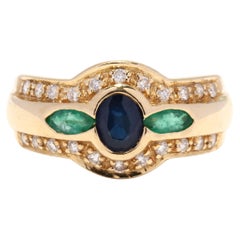 1 Ctw Sapphire Emerald Diamond Ring, 18K Yellow Gold, September