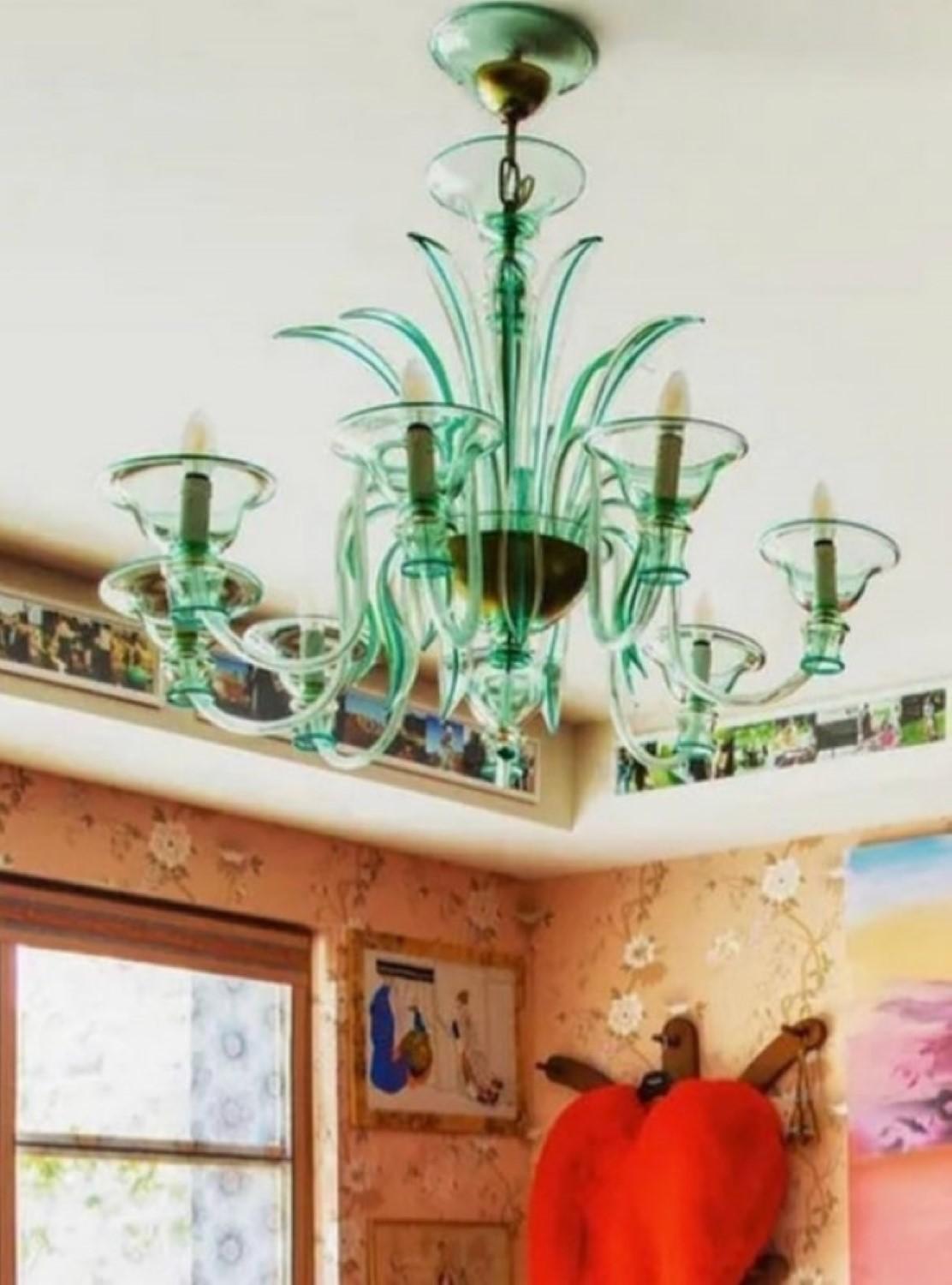 Custom made chandelier, 10 lights, acquamarine color, polished gold metal finish