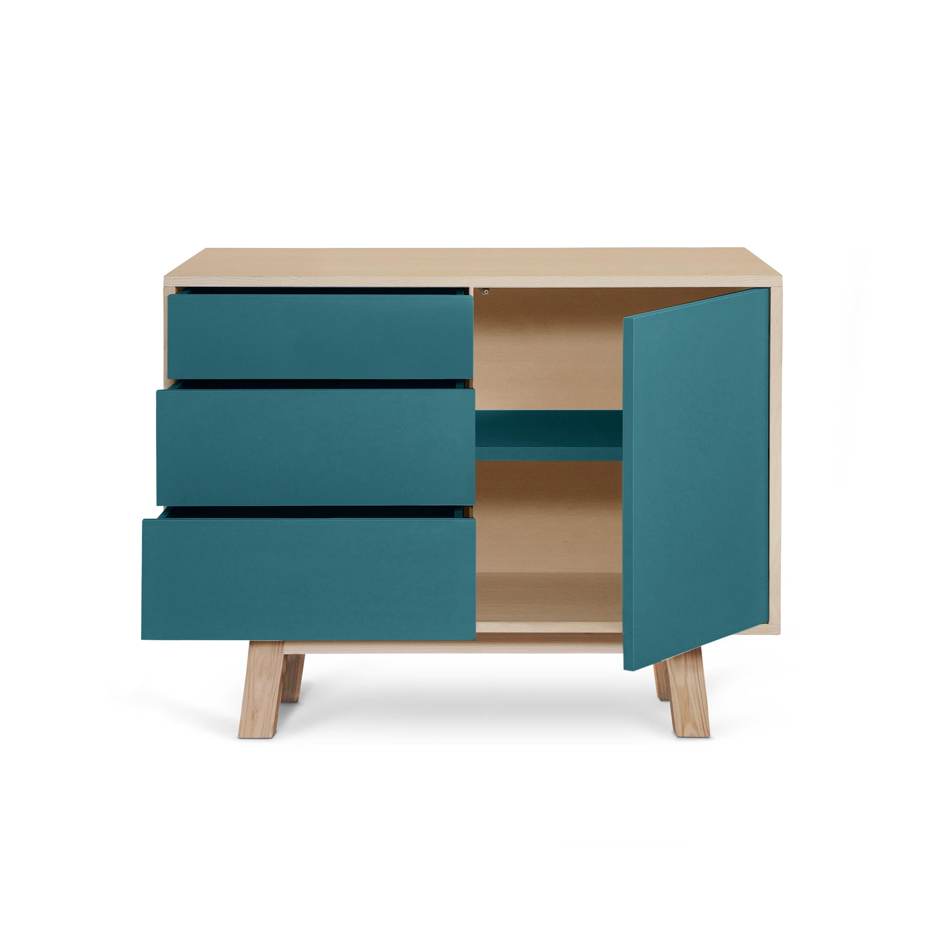 Scandinavian Modern 1-Door + 3-Drawer sideboard, design by Eric Gizard, Paris, 11 colours available For Sale