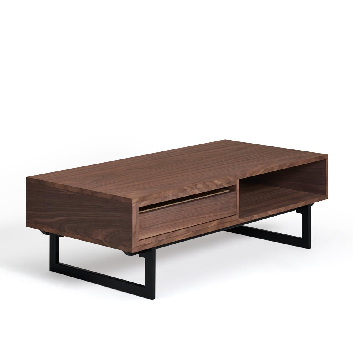 Hand-Crafted 1-drawer coffee table in walnut & black iron feet, design by Christophe Lecomte For Sale
