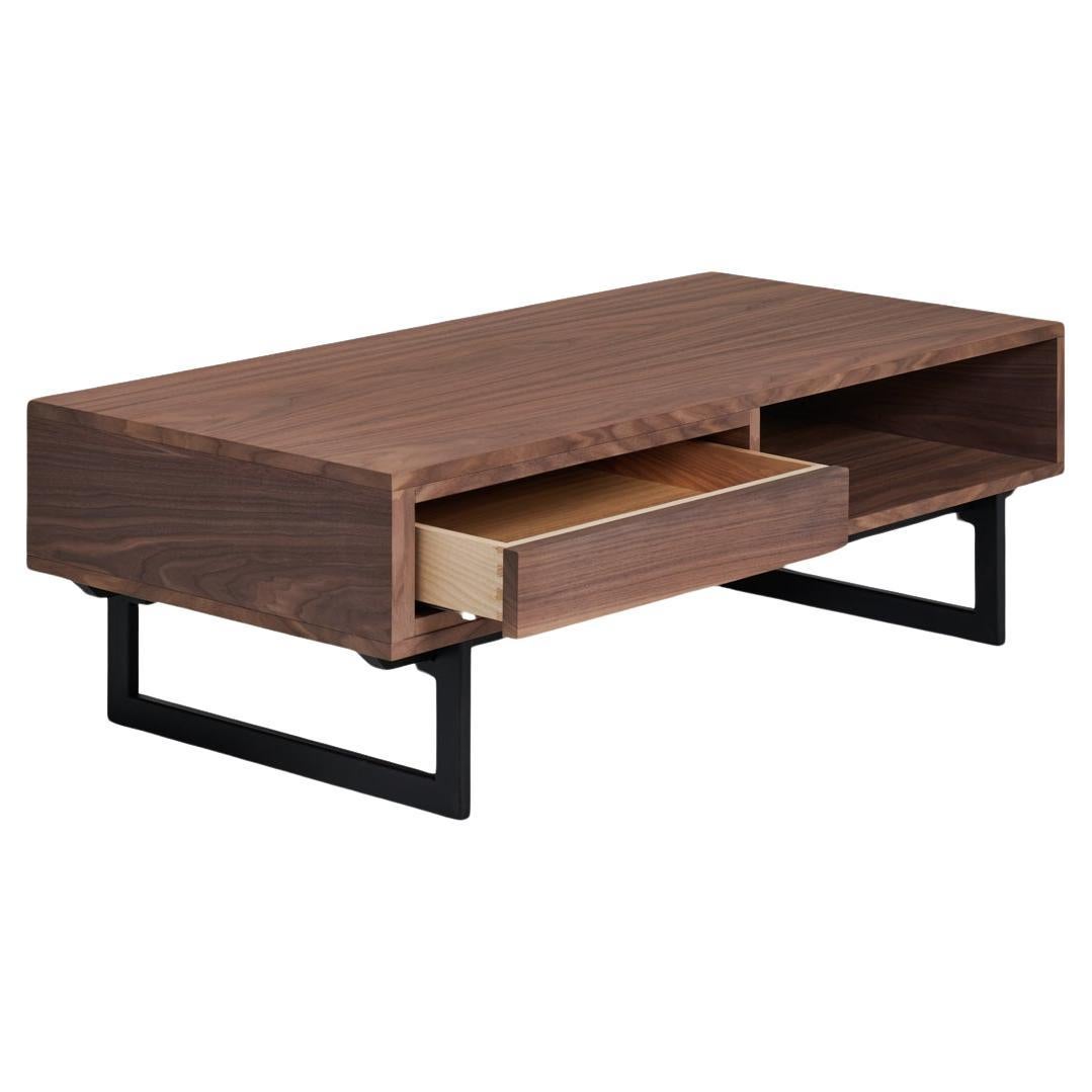 Modern 1-drawer coffee table in walnut & black iron feet, design by Christophe Lecomte For Sale